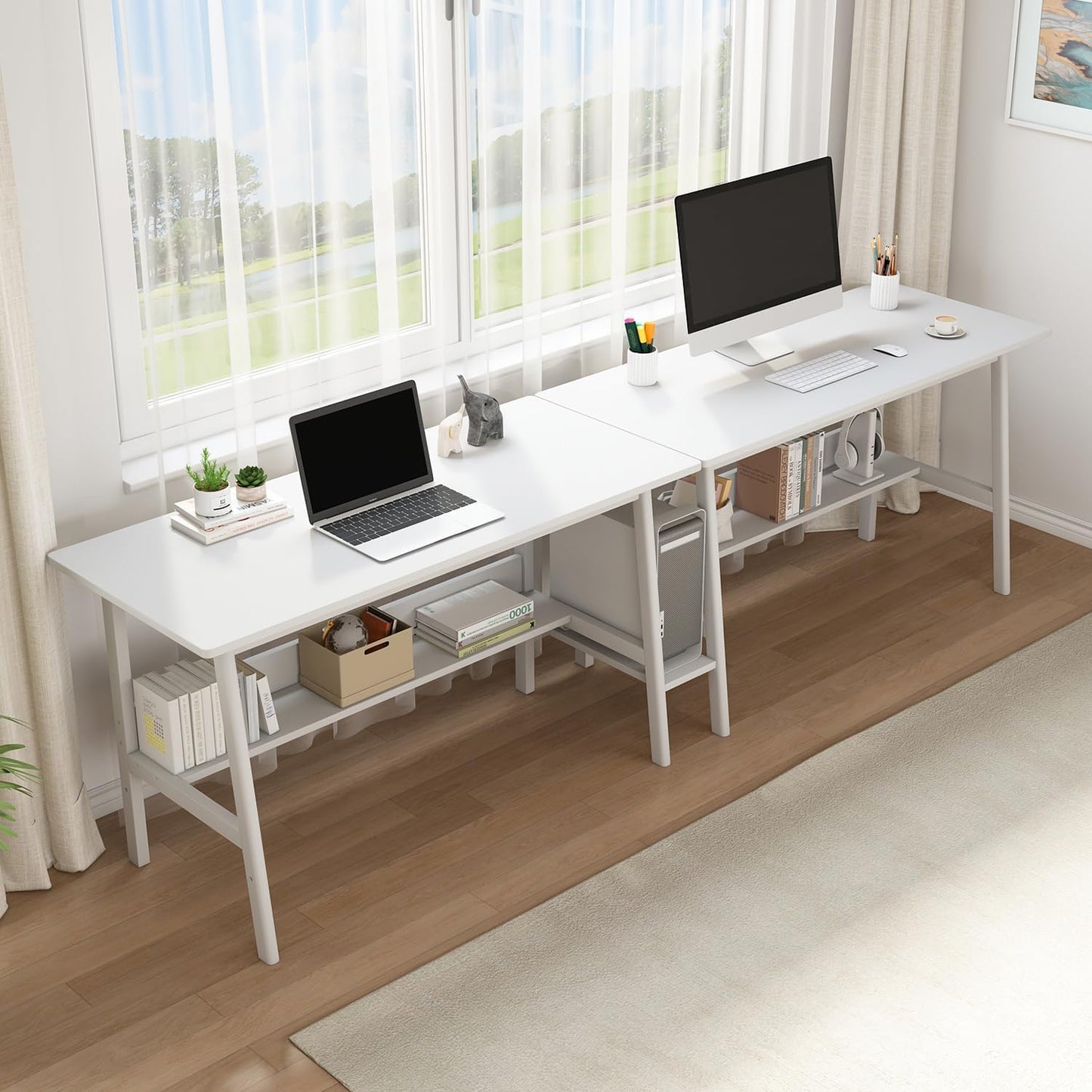 2-Person Writing Desk with Bookshelf - 110" Wooden Extra Long Home Office Work Table, Double Study Computer Workstation with Storage Shelves in White, 110" W x 24" D