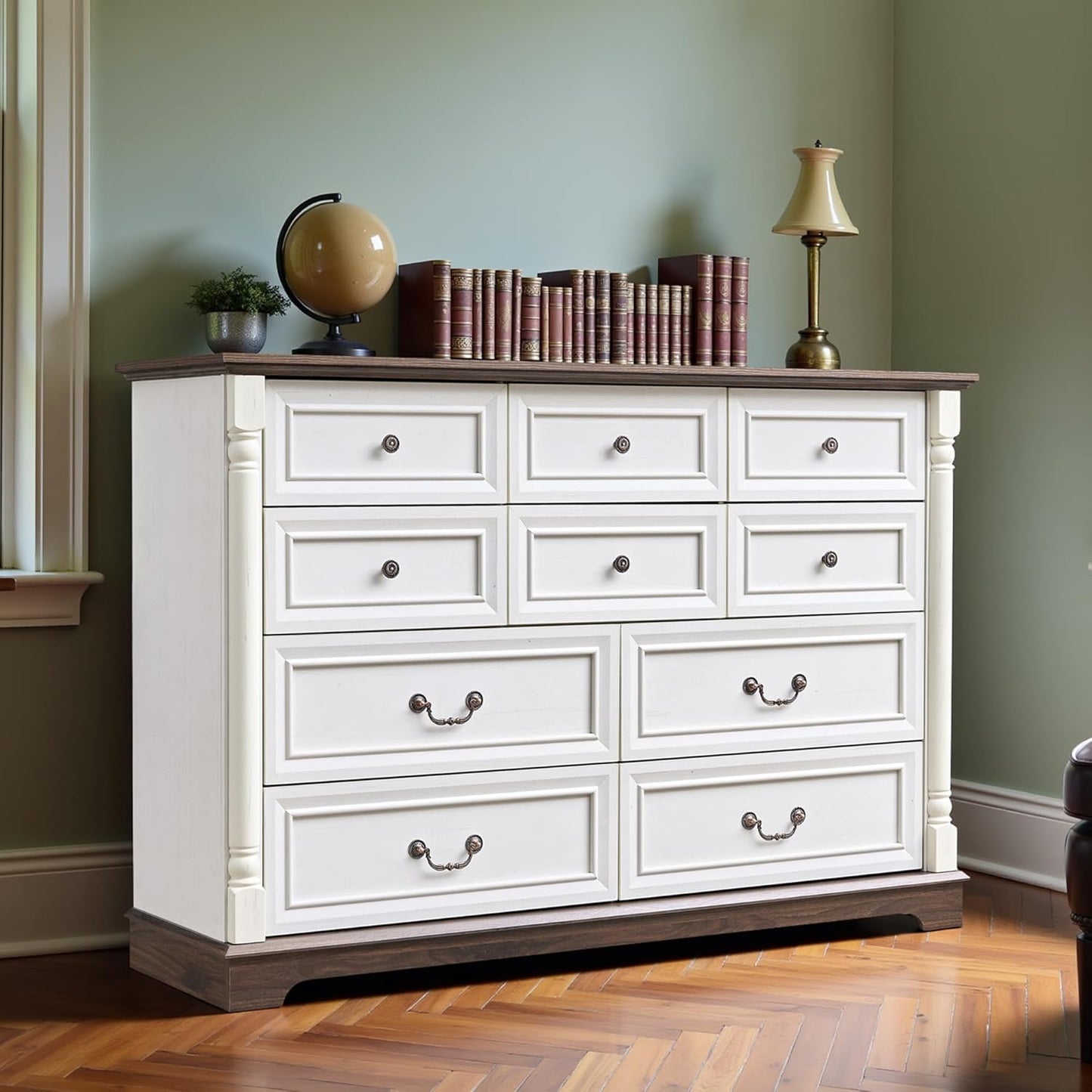 53.54" Farmhouse Sideboard Buffet Cabinet with Storage, Kitchen Buffet Storage Cabinet with 10 Drawers, Modern Wood Accent Sideboard for Living Room, Kitchen, Hallway(Antique White)