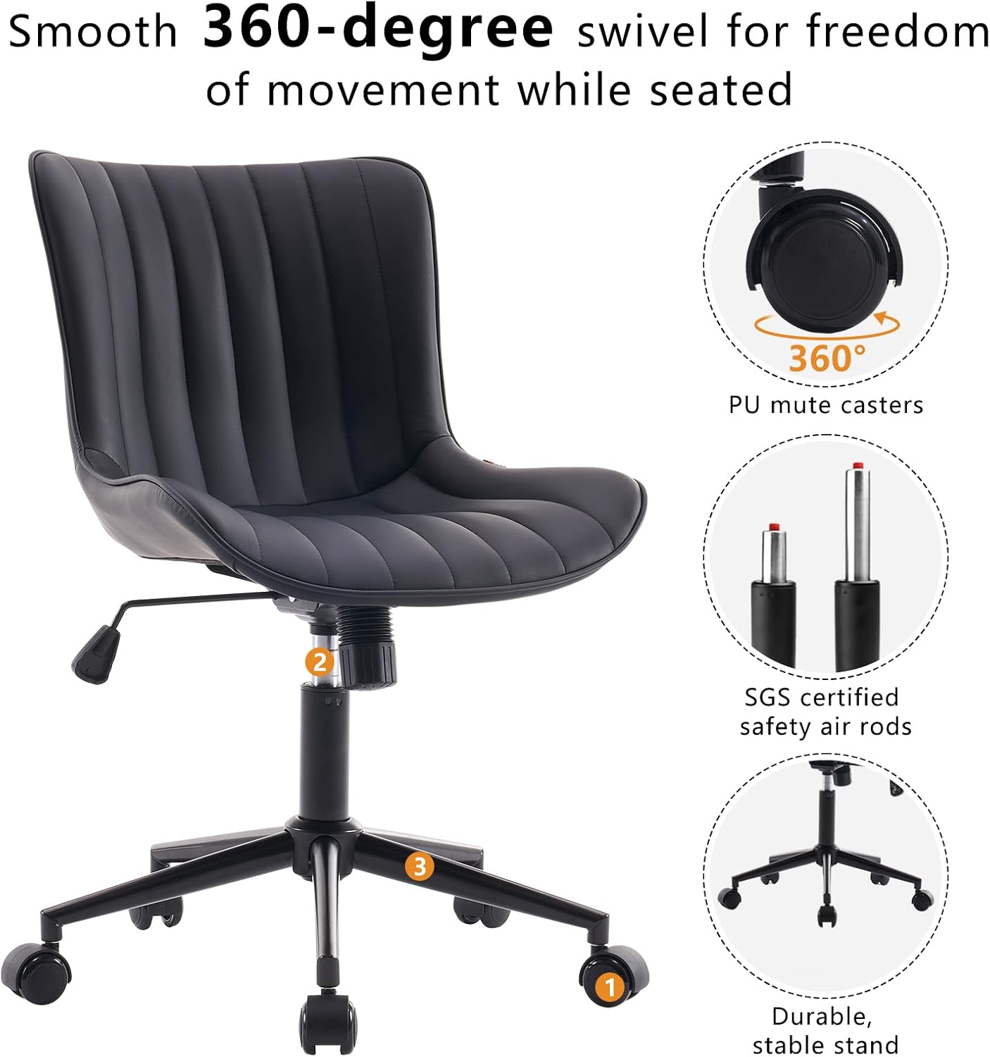 YOUNIKE Black Compact Home Office Desk Chair with Wheels Comfy Armless Cute Vanity Chair with Adjustable Rocking Back Modern Leather Upholstered Rolling Swivel Small Task Drafting Sewing Chair