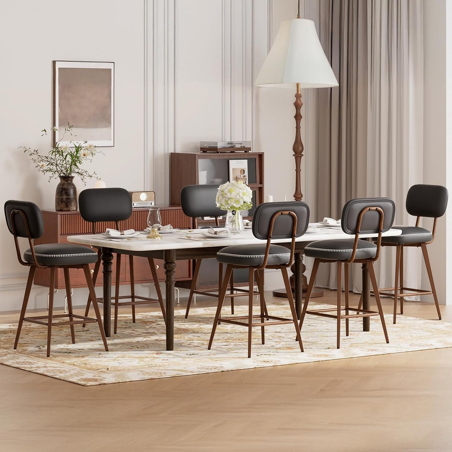 Swivel Bar Stools Set of 6, Mid Century PU Leather Counter Height Bar Chairs with Low Back and Metal Legs, Modern Bar Stool Chair for Kitchen Island, Black