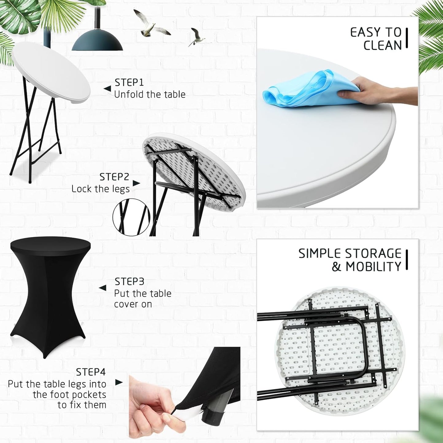 Wenqik 2 Sets 32" High Top Round Folding Cocktail Tables White Bar Height with Removable Legs & 32"x43" Spandex Stretch Table Covers (Black)