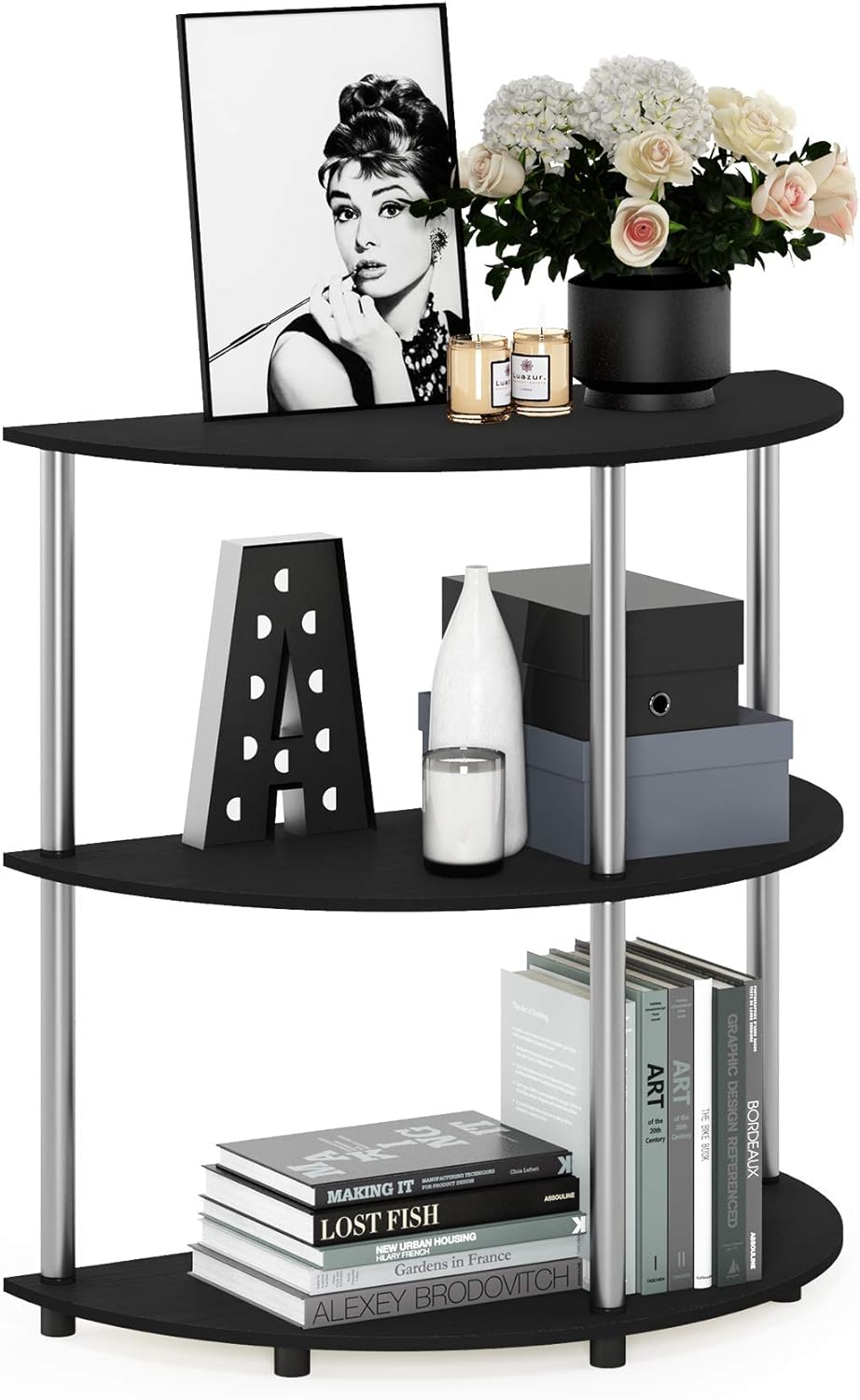 Furinno Frans Turn-N Half Round Console Table with Stainless Steel Tubes, Black Oak 15.6D x 31.1W x 30.8H in