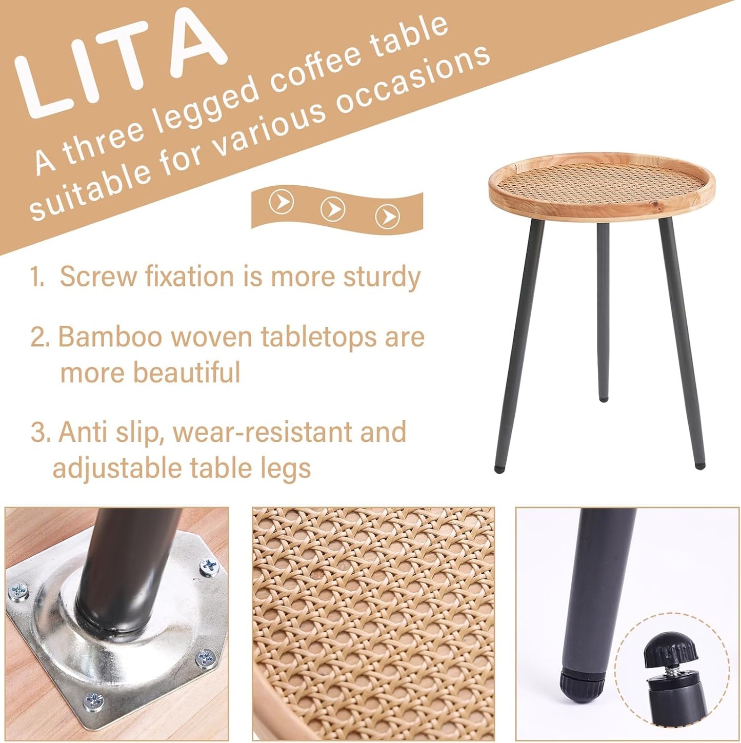 LITA Rattan Log Desktop Round Side End Table, Nightstand/Small Tables, Indoor Outdoor Wooden Tray Table with Metal Stand End Table for Living Room Bedroom Office Small Spaces