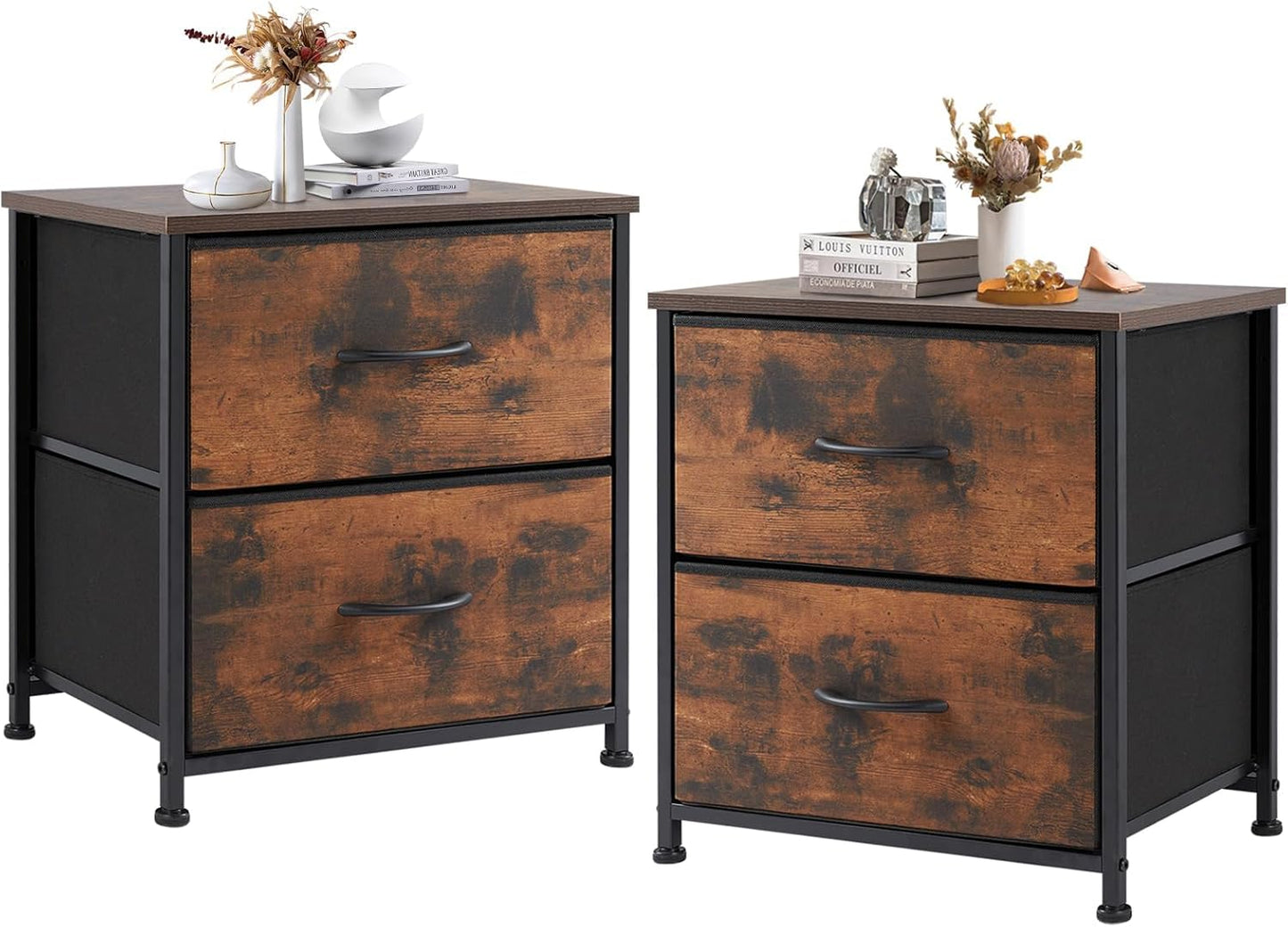 DUMOS Nightstand Small Dresser with 2 Fabric Drawers Side Tables Bedroom End Table Kids Bedside Storage Furniture for 20 inch Tall Night Stand for Closet, Entryway, College Dorm, Rustic Brown(2 Pack)