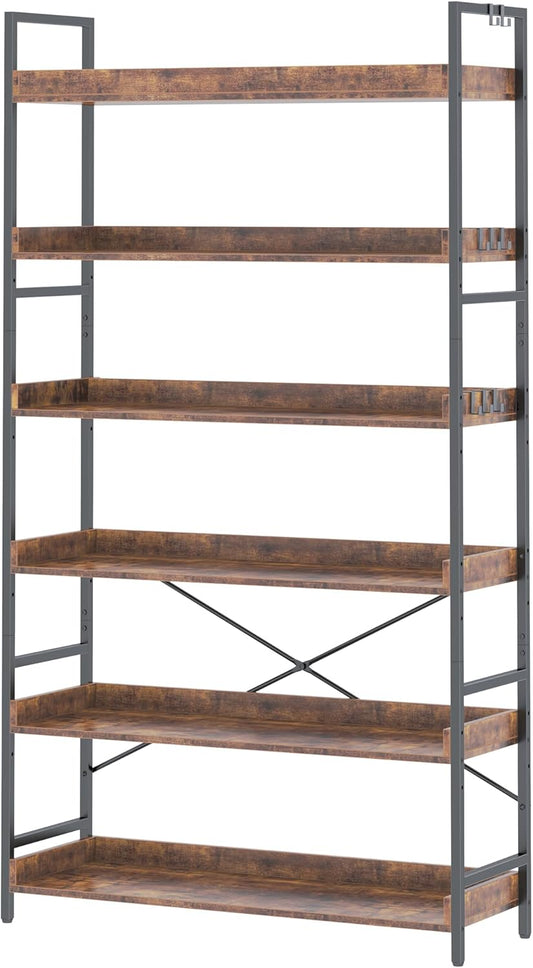 HCHQHS Bookshelf, Adjustable Industrial Bookcase, Vertical Tall Book Shelf, Wood and Black Metal Open Bookshelves for Home Office, Living Room, Bedroom (Rustic Brown, 6-Tier (31" W x 70" H))