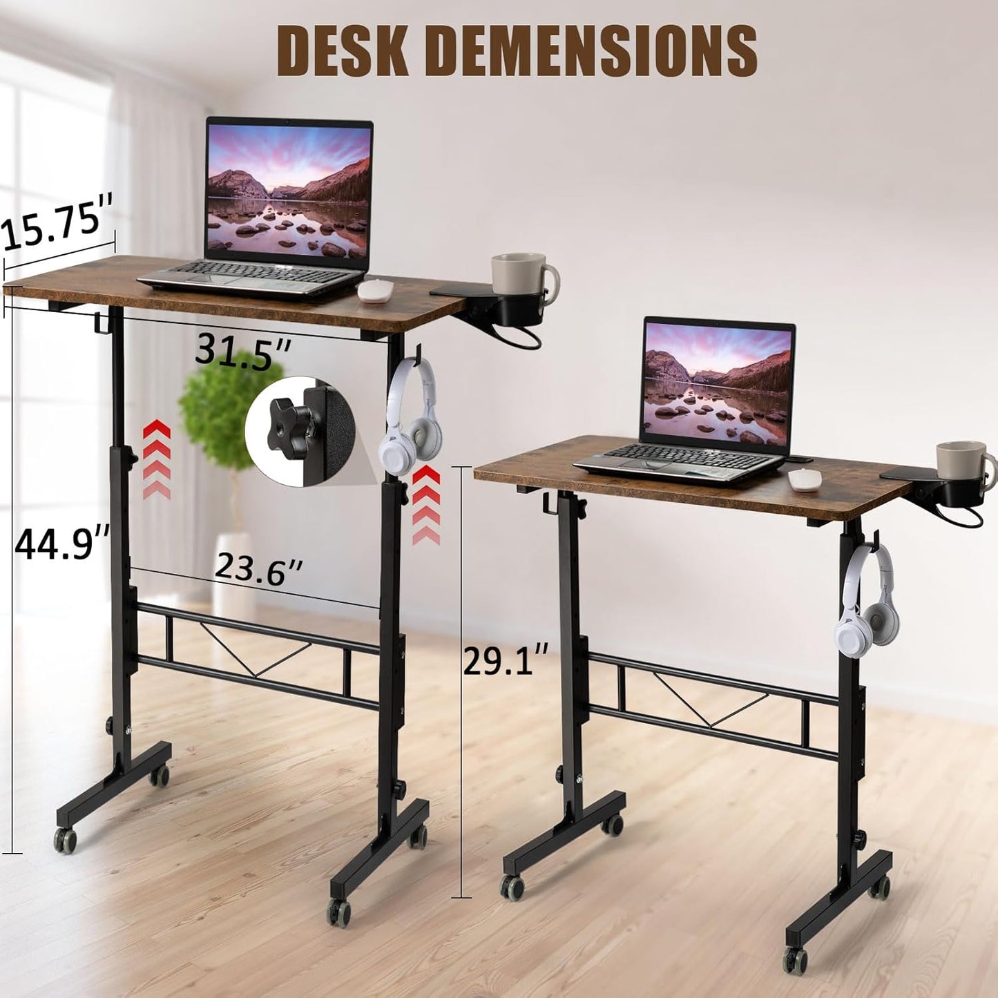 SIDUCAL Standing Desk Adjustable Height, Small Mobile Stand Up Desk with Wheels, Portable Computer Desk for Walking Pad, Rolling Table for Home Office Classroom, Rustic Brown