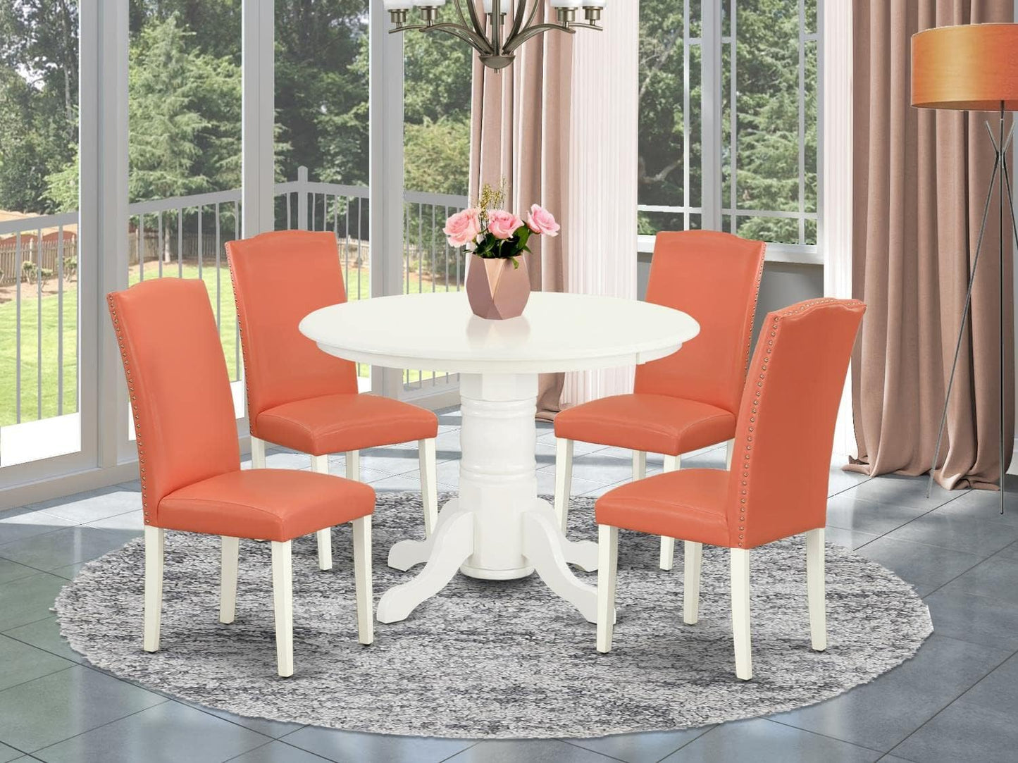 East West Furniture SHEN5-LWH-78 5 Piece Dining Room Furniture Set Includes a Round Kitchen Table with Pedestal and 4 Pink Flamingo Faux Leather Parson Dining Chairs, 42x42 Inch, Linen White