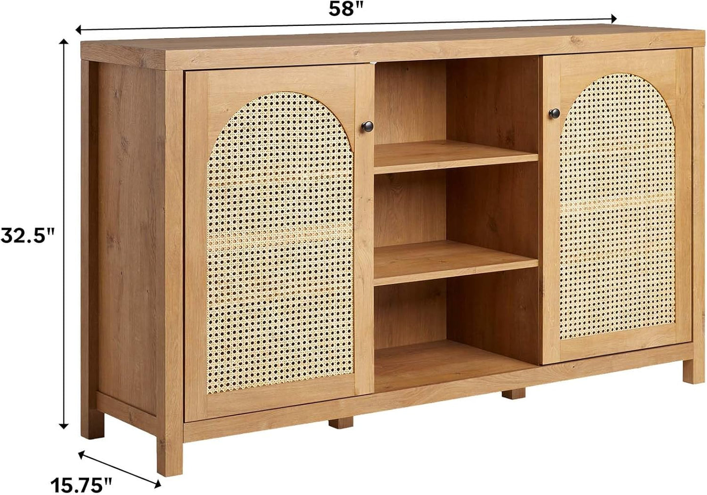 Walker Edison Sasha 2-Door Sideboard Buffet with Arched Rattan Panels, 58 Inch, English Oak
