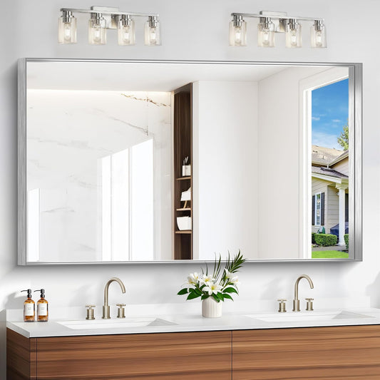 Silver Bathroom Mirror, 36x60 Inch Rectangular Deep Frame Mirror, Large Wall Mounted Bathroom Vanity Mirror Over Sink for Bedroom,Restroom, Living Room, Hangs Vertically or Horizontally