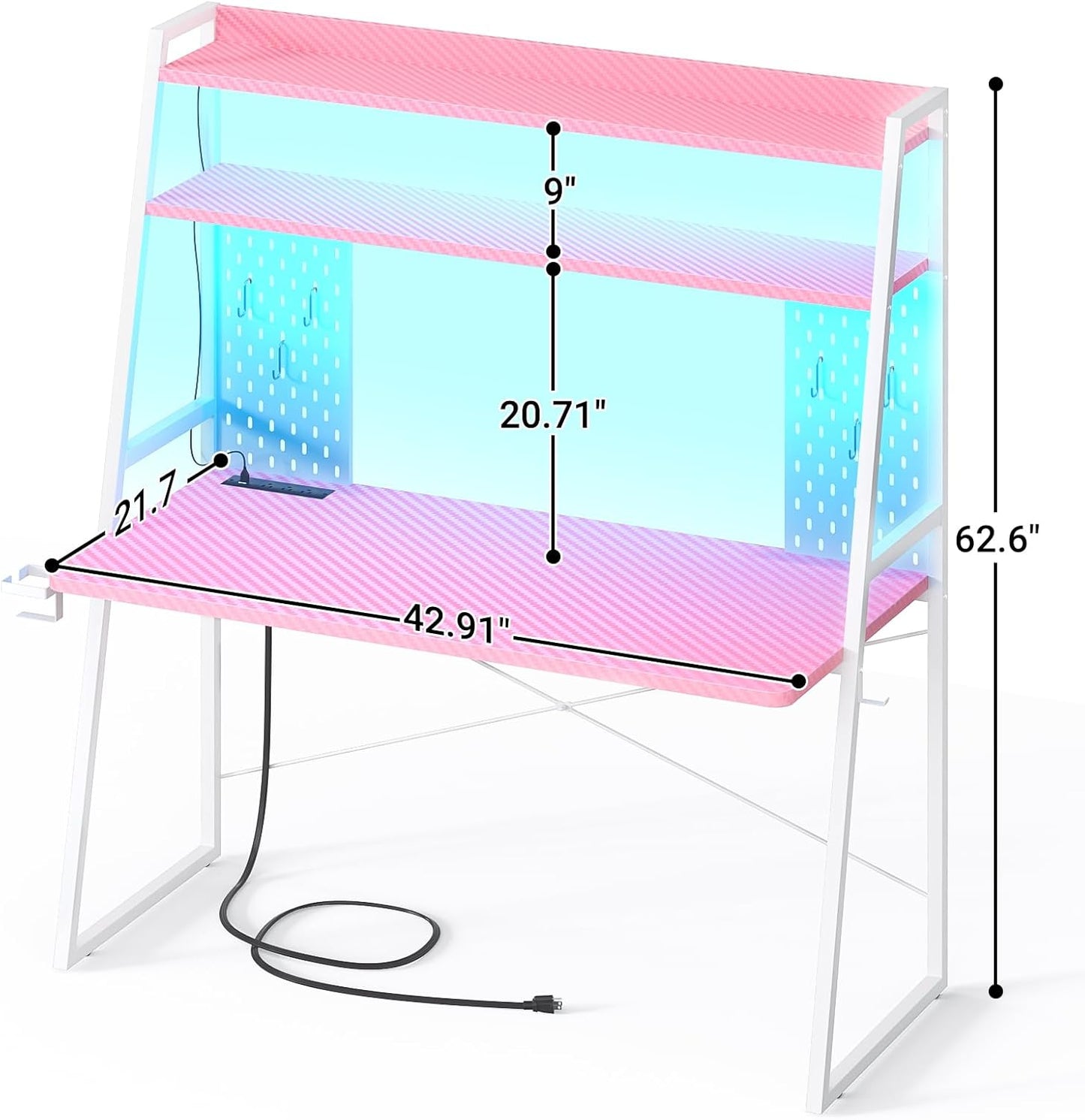Small Gaming Desk with Hutch and LED Lights, Gaming Computer Desk with Power Outlets, Gamer Desk with Storage Shelves, Game Desks with Pegboards for Bedroom Small Spaces, Pink, 43"