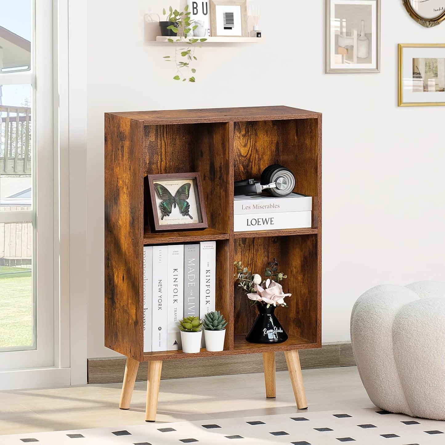 LEYAOYAO 4 Cube Bookshelf, 2-Tier Bookcase with Legs, Brown Kids Book Shelf Cute Storage Organizer, Free Standing Open Toy Shelves Modern Bookshelves,Wood Display Bookcases for Bedroom,Living Room