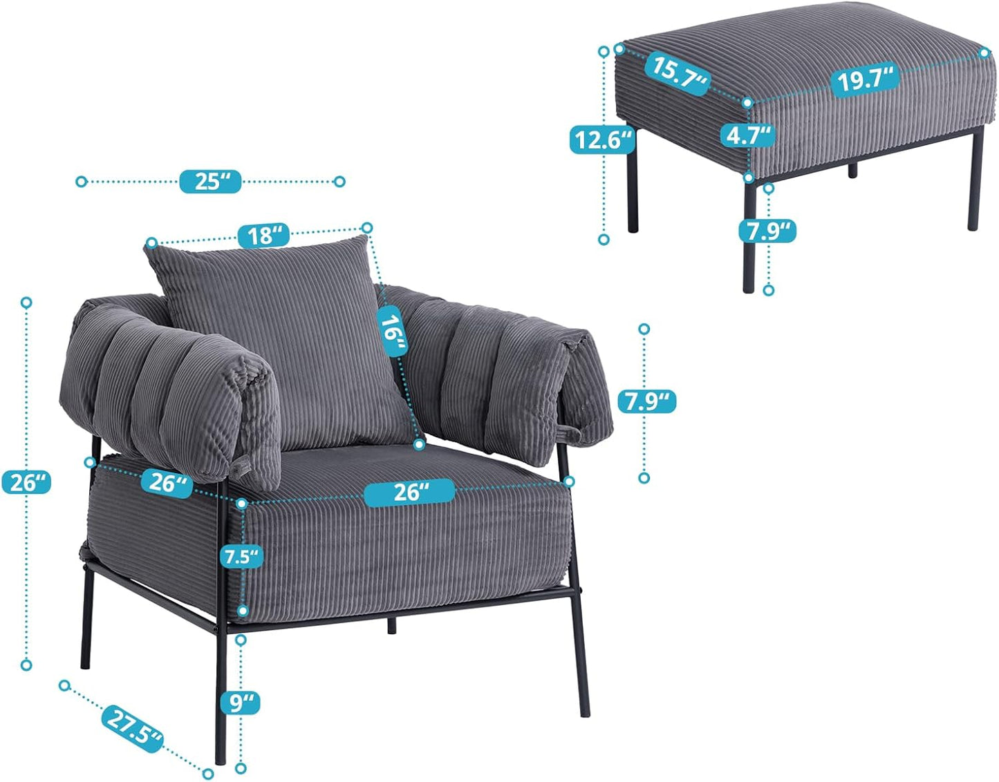 HollyHOME Modern Velvet Accent Chair with Ottoman, Upholstered Comfy Reading Chair and Footstool,Large Lazy Armchair with Stool, Lounge Sofa for Living Room, Bedroom, Dark Grey