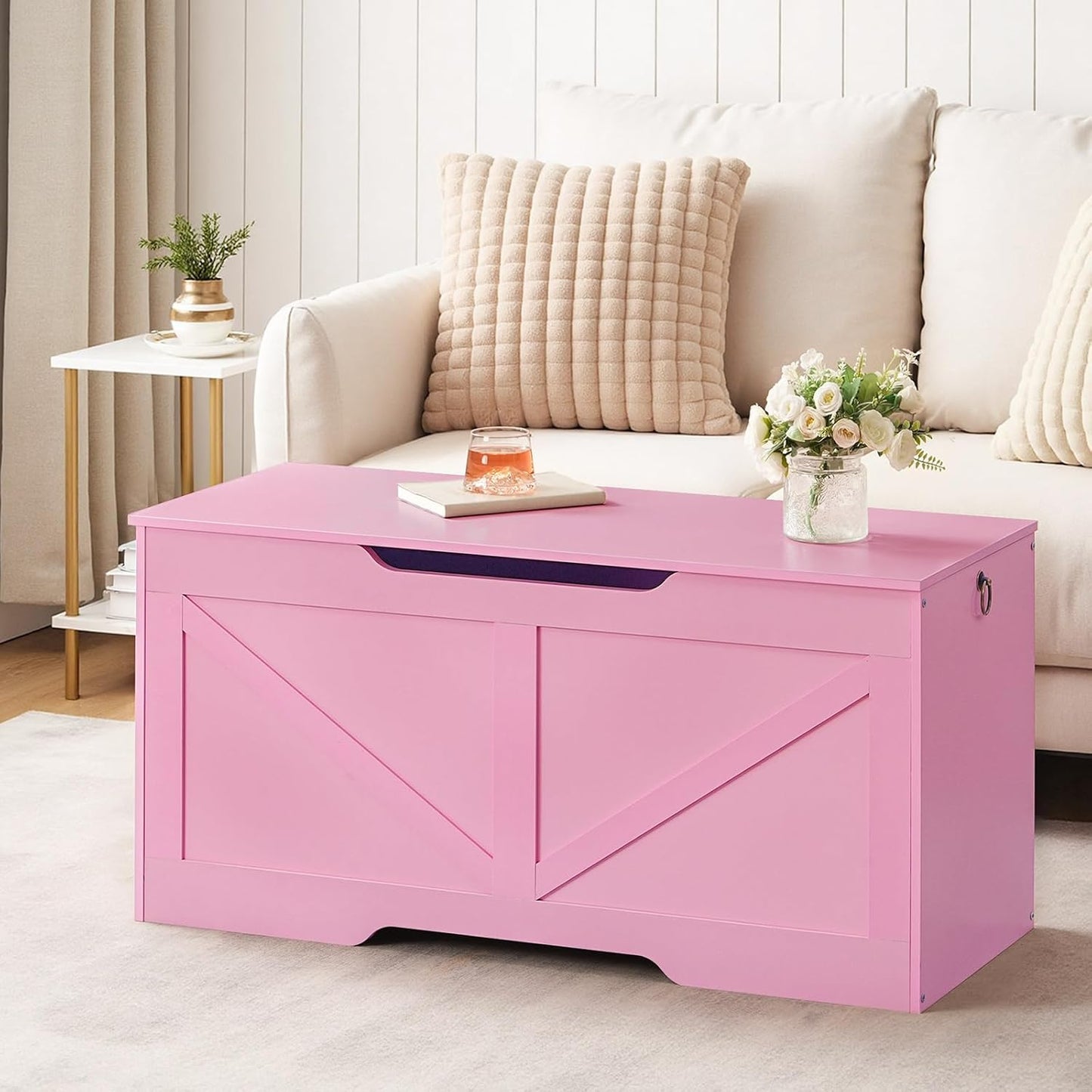 HOOBRO Storage Bench, 39.4" Retro Wooden Storage Chest with U-Shaped Cut-Out Pull, Safety Hinge, Supports 220 lb and Easy Assembly for Toy Box Organizer (Pink) PK771CW01