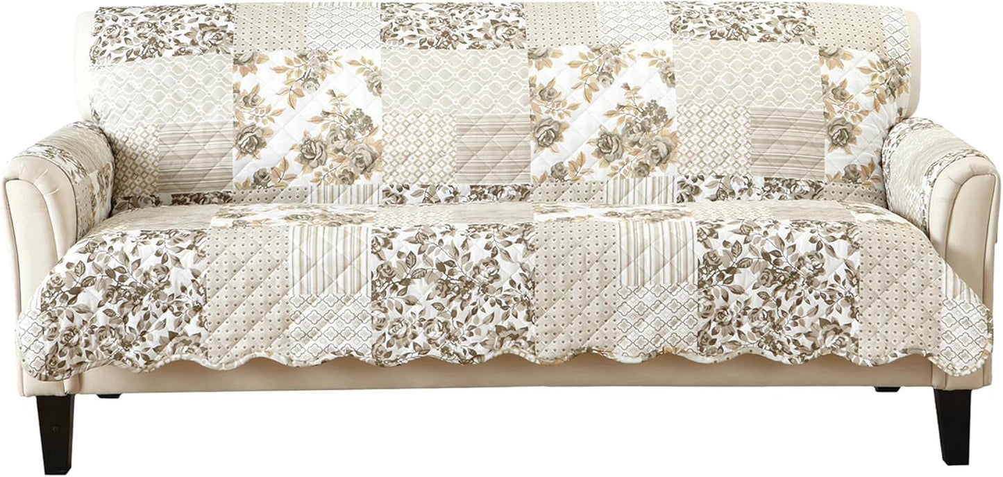 Great Bay Home Patchwork Scalloped Printed Furniture Protector Stain Resistant Sofa Cover (Sofa, Taupe)