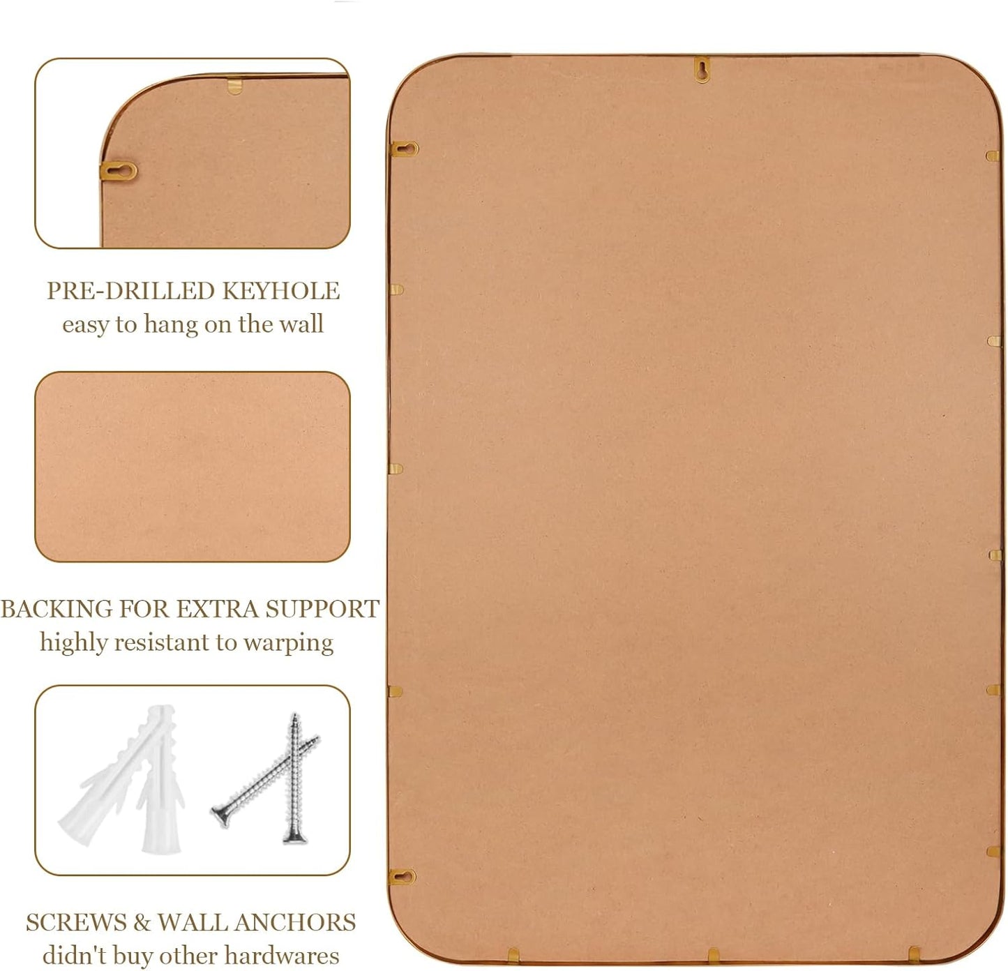 Wall Mirror for Bathroom - 30"x40" Rectangle Rounded Corner Beaded Frame Mirror, Large Vanity Mirror Hangs Horizontal or Vertical, Antique Gold