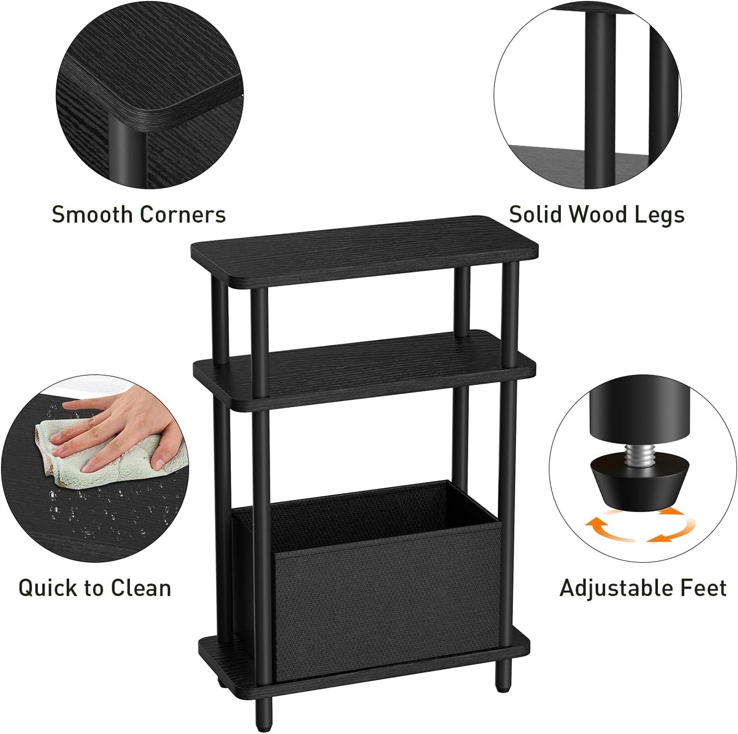 Narrow Side Table with Fabric Basket, 7" Wide, 3 Tier Skinny End Table with Wood Legs, Slim Nightstand/Bedside Table for Small Spaces, with Adjustable Feet, 15.7" L x 23" H