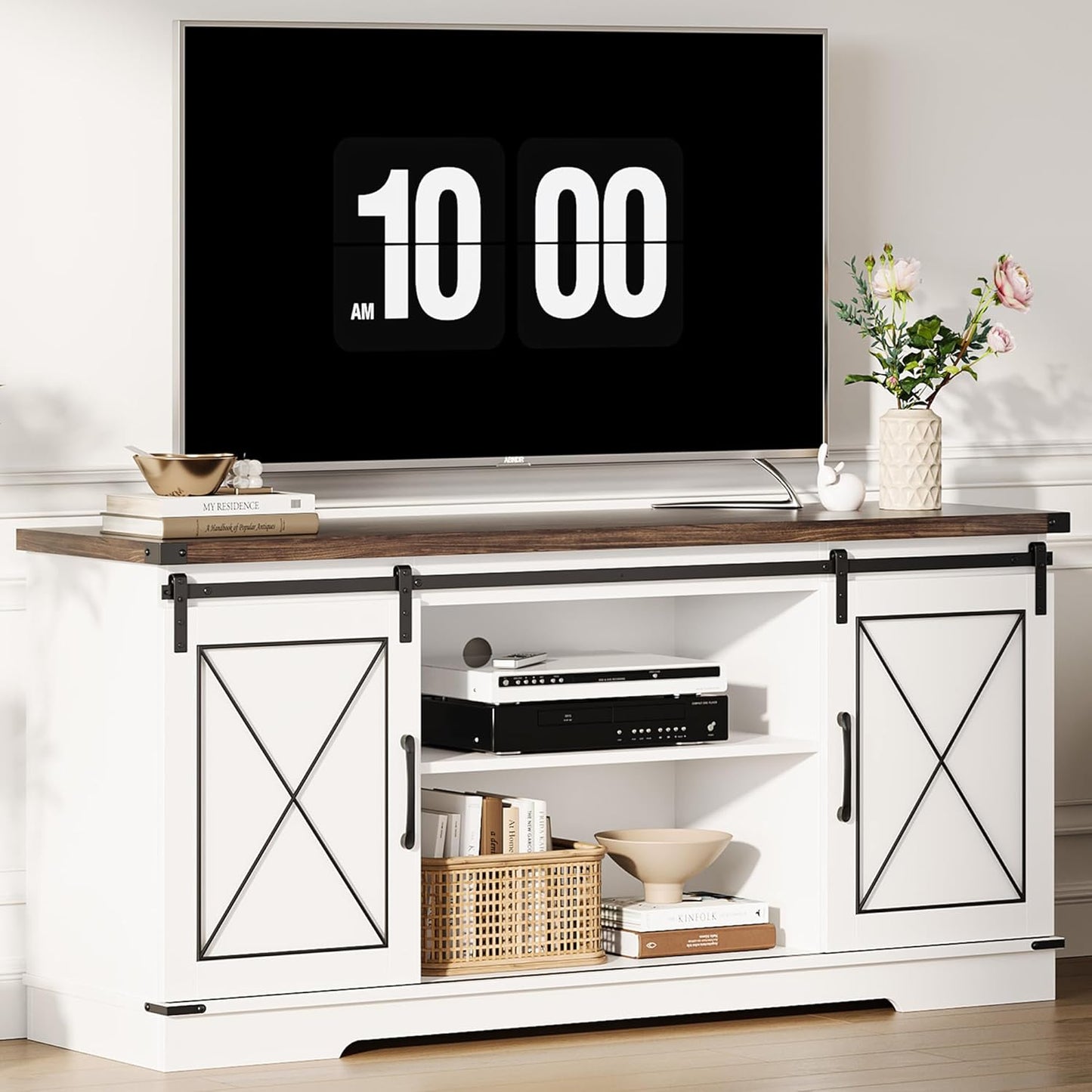 CABIHOME Farmhouse TV Stand and Entertainment Center for TV Up to 65 Inches with Sliding Barn Doors, TV Media Storage Console Table and Furniture for Living Room, Bedroom, White & Brown