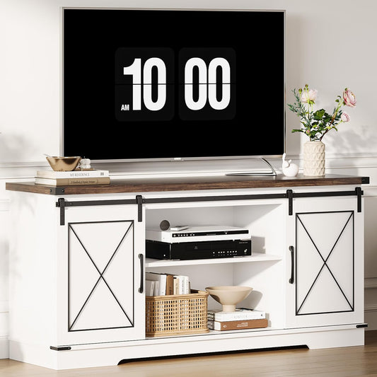 CABIHOME Farmhouse TV Stand and Entertainment Center for TV Up to 65 Inches with Sliding Barn Doors, TV Media Storage Console Table and Furniture for Living Room, Bedroom, White & Brown