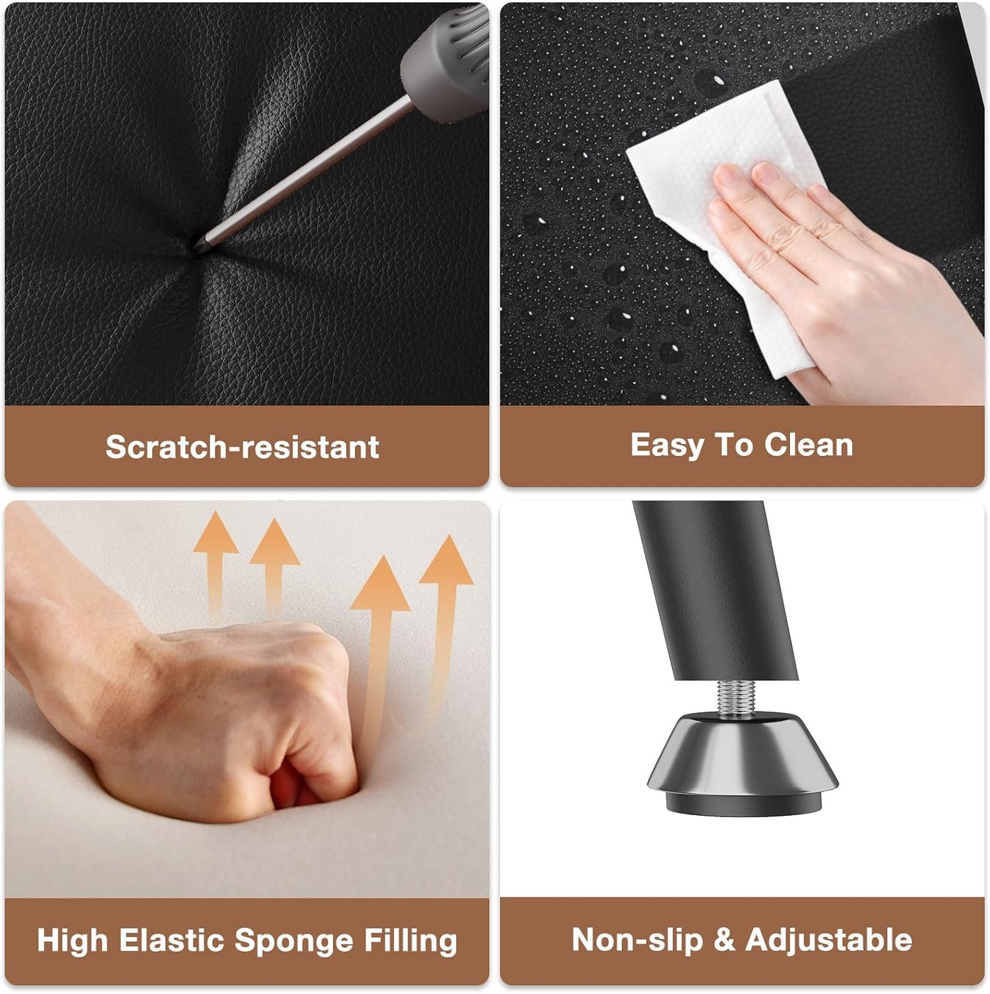 24-Inch Leather Bar Stools Set of 3, Counter Height Barstools with High Backrest，Bar Chairs for Kitchen Island with Heavy Duty Metal Legs, Black