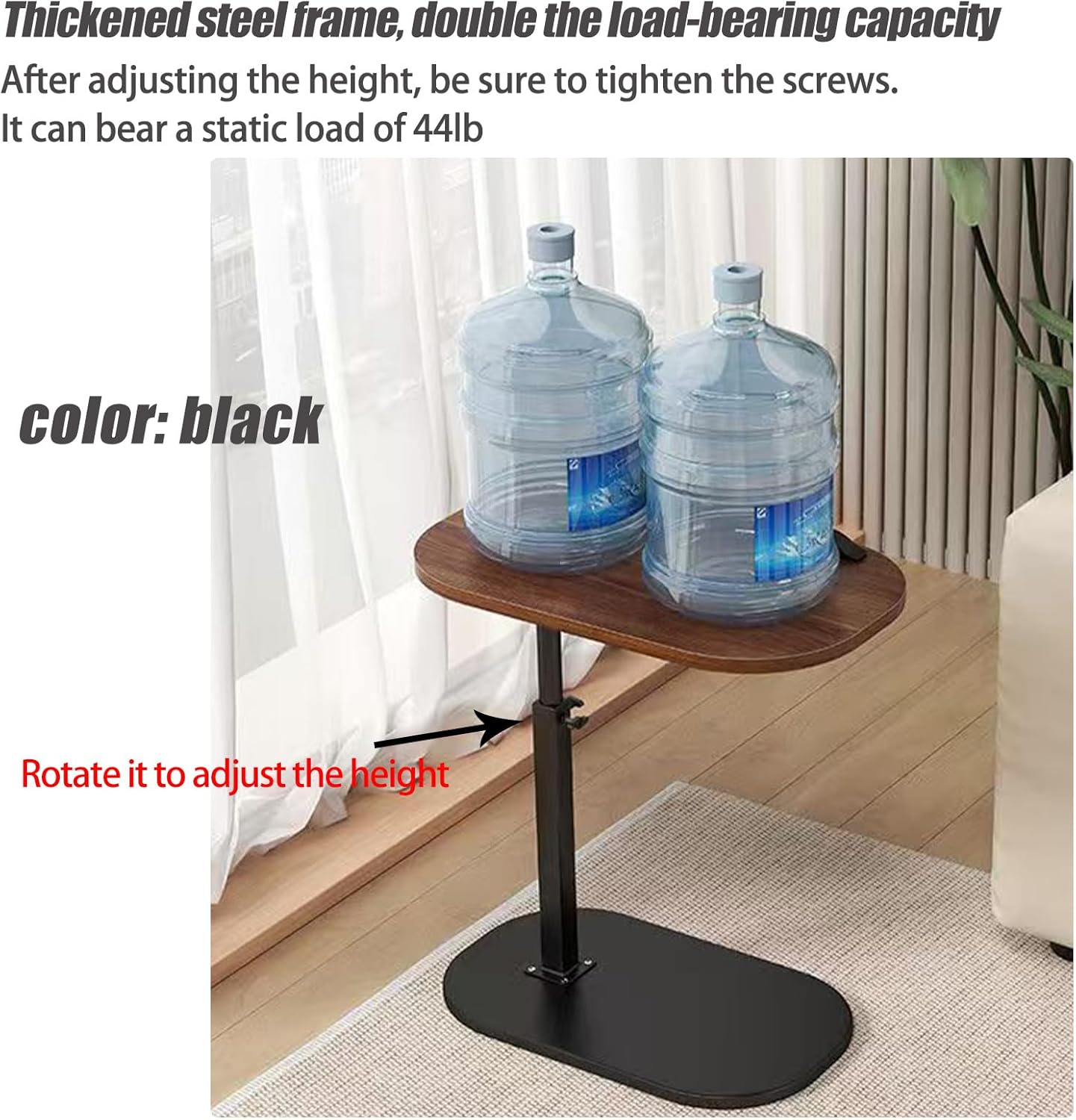 Pedestal C-Shaped Adjustable Small End Tables for Small Spaces Side Table，Desktop can Turn 360° and The Height of The Sofa Side Table can be Adjusted（Black Desktop + Black Bottom）