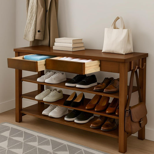 Wood Shoe Bench Entryway with Drawer: 3-Tiers Wooden Storage Shoe Rack with Bench Seat, Compact Mid-Century Modern Design for Entryway, Hallway,Closet,Front Door Entrance,Foyer Walnut 43.3"