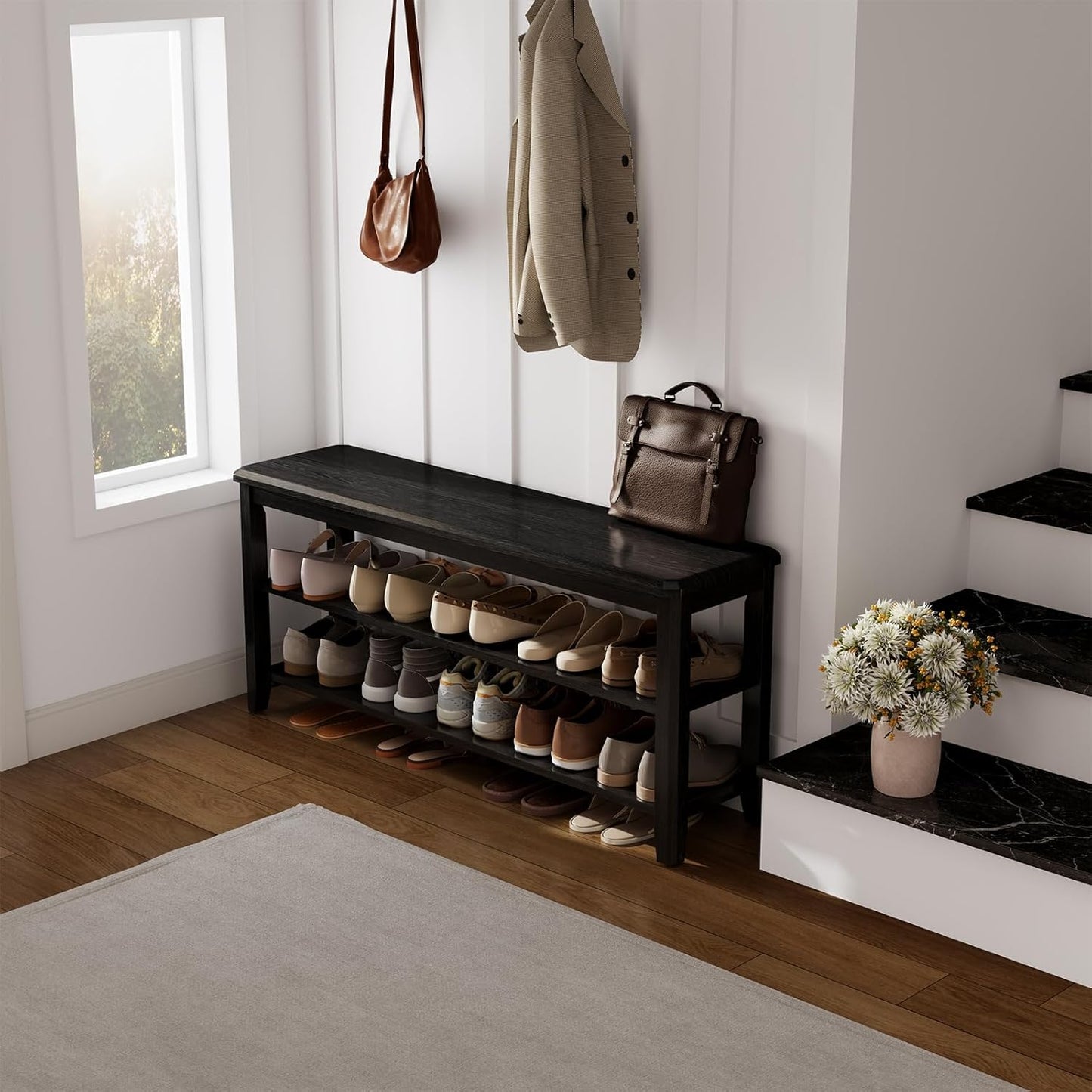 Wood Shoe Rack Bench for Entryway, 2 Tier Shoe Rack for Front Door Entrance, Shoe Bench with Shoe Storage for Entryway, Bedroom, 47.2"