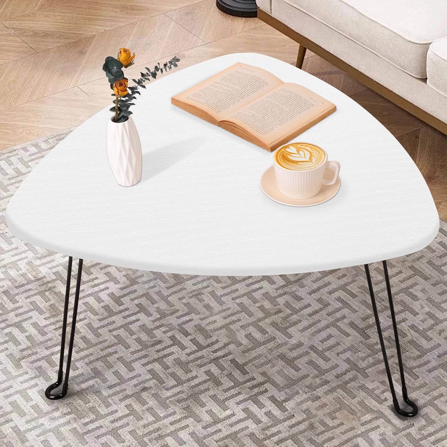 Coffee Table for Small Spaces White Folding Wooden Triangle Center Sofa Tables Simple Design Droplet Coffee Table with Steel Legs Modern Accent Furniture for Living Room Home Office