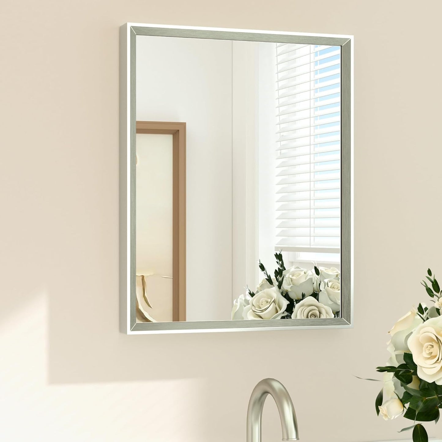 TETOTE Brushed Nickel Bathroom Mirror 16" x 20" Rectangle Beveled Frame Bathroom Vanity Mirror for Over Sink Brushed Nickel, Tempered Glass, Stronger Frame, Modern Farmhouse Bedroom, Entryway