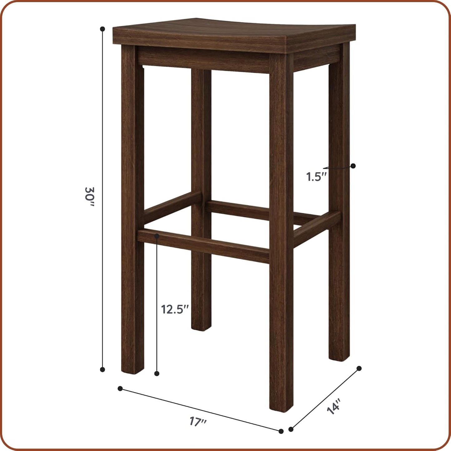 Grain & Grove Smith Collection Solid Wood Bar Stool, 30 inch Saddle-Seat Bar Chair, Backless, Heavy-Duty Construction, Footrest Support, Ideal for Kitchen Islands, Home Bars, and Counters, Walnut