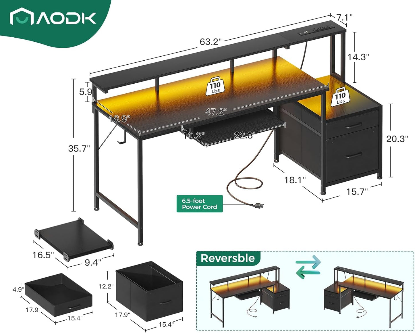 AODK Computer Desk with Drawers and Keyboard Tray, 63" Office Desk with Power Outlet and LED Lights, Reversible Study Work Desk with Printer Shelf and PC Stand for Home Office, Black
