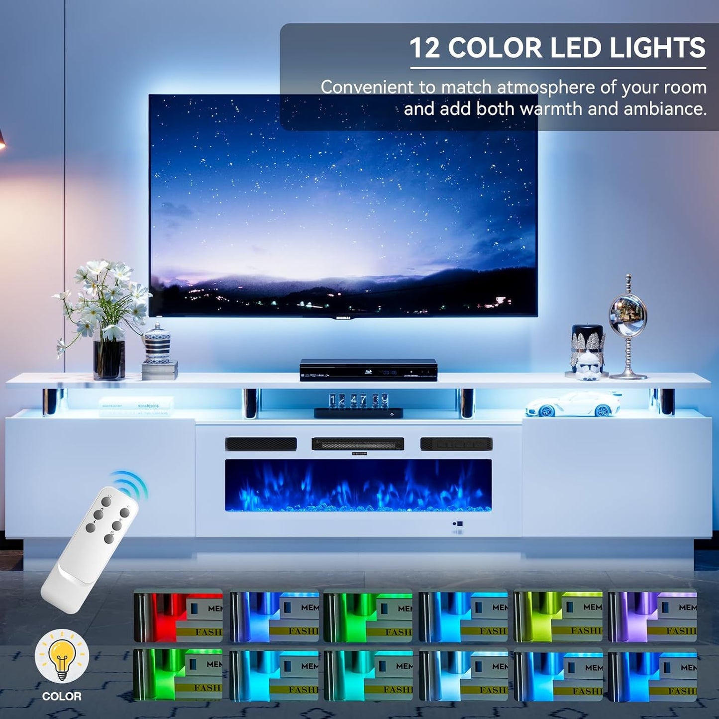 80" Entertainment Center & TV Stand, Modern Media Console with Storage Cabinet, Fits TVs up to 90", Living Room Furniture, 36" Electric Fireplace (All White)