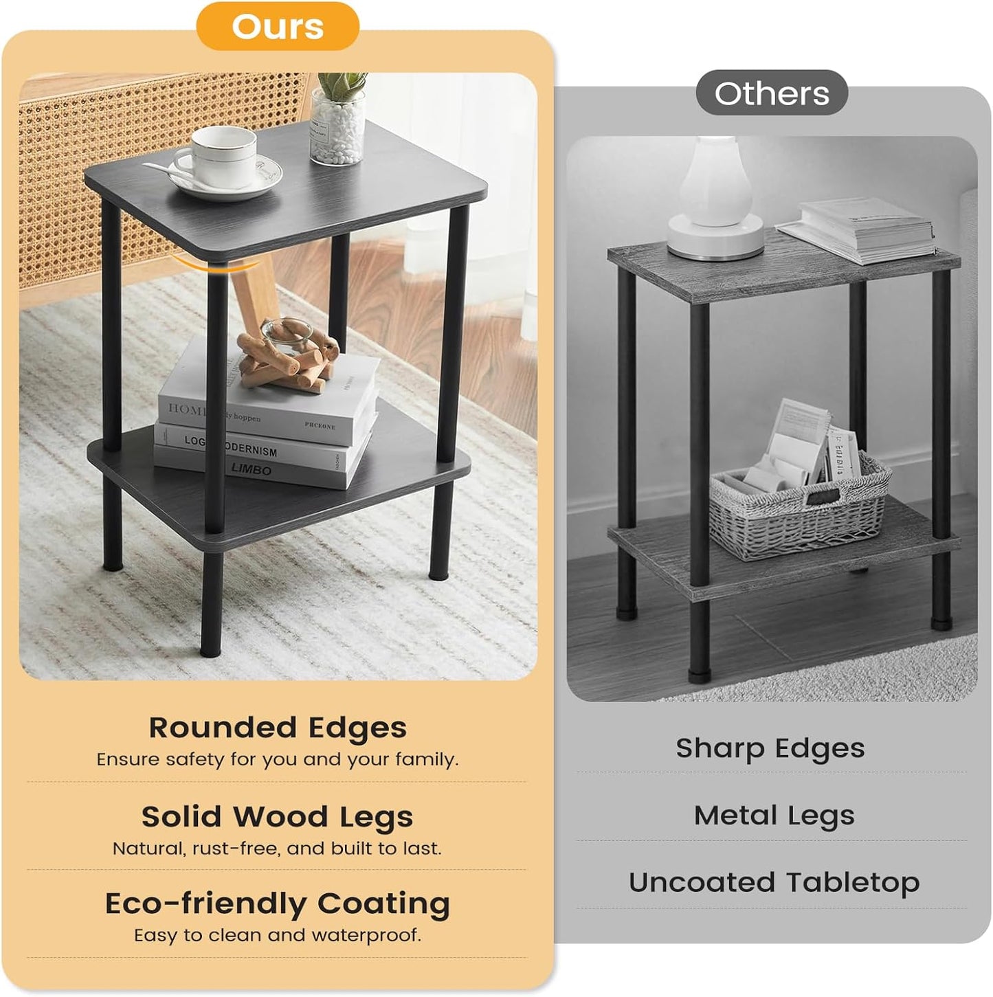 Apicizon 2 Tier End Table Set of 2, Boho Side Table with Storage Shelf, Nightstand Bedside Table for Small Spaces, Bedroom, Living Room, Entryway, Farmhouse, Easy Assembly, Grey