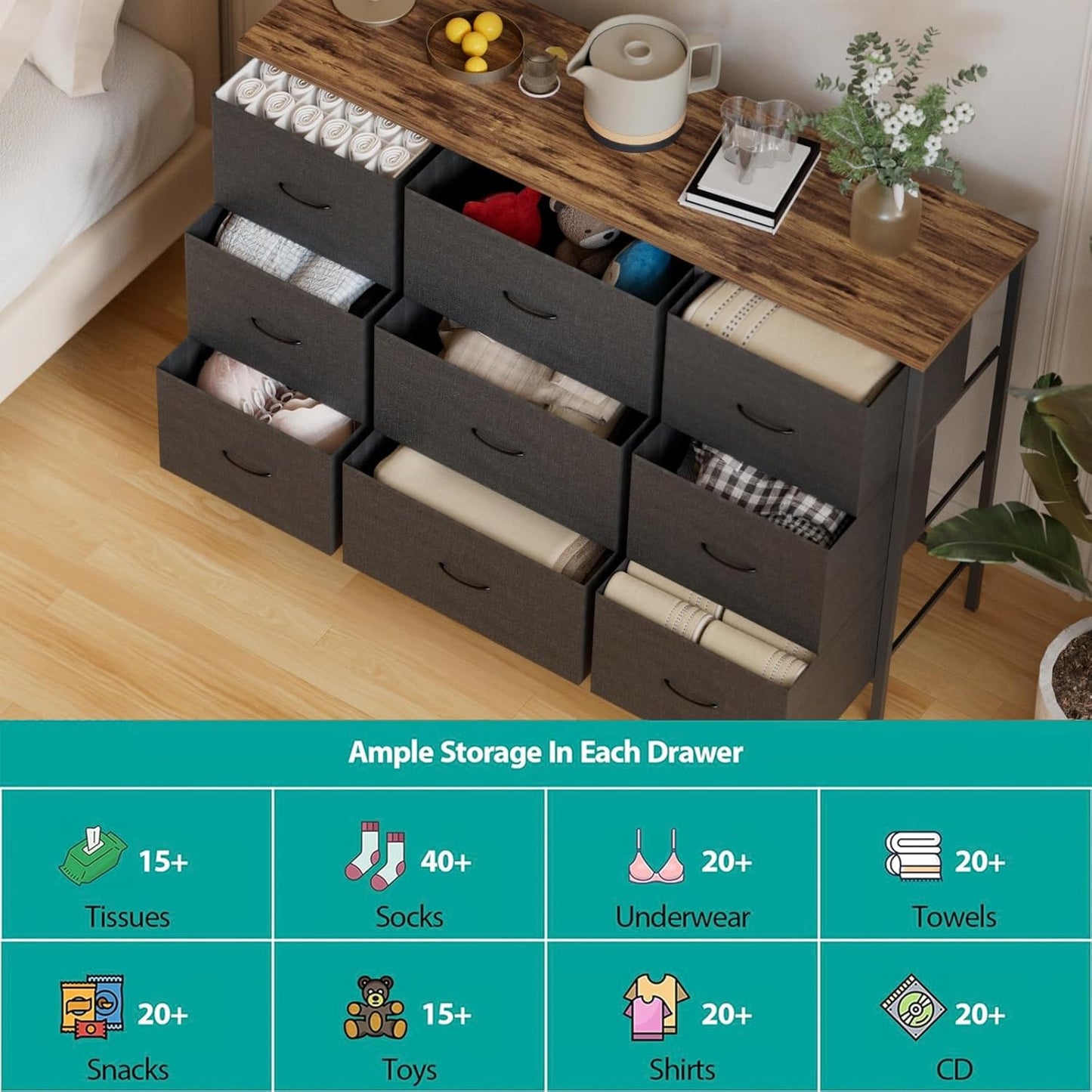 Wide TV Stand for Bedroom, Dresser with 9 Deep Drawers, Fabric Storage Cabinet, Modern Chest of Drawers for Closet, Nursery, Living Room（Black）