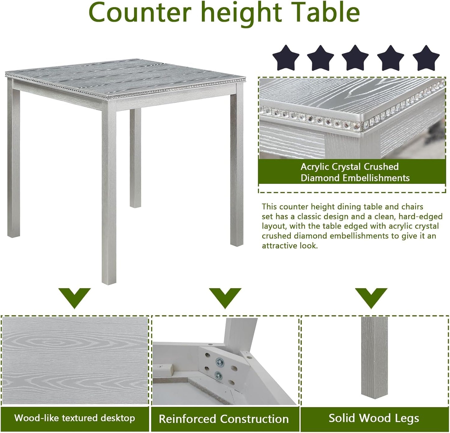 KEIKI 5-Piece Counter Height Dining Table Set with Square Table and 4 Upholstered Chair, for 4 Person, Modern Crystal Decoration Wooden Table Set, Easy Assembly, for Kitchen, Dining Room, Silver Grey