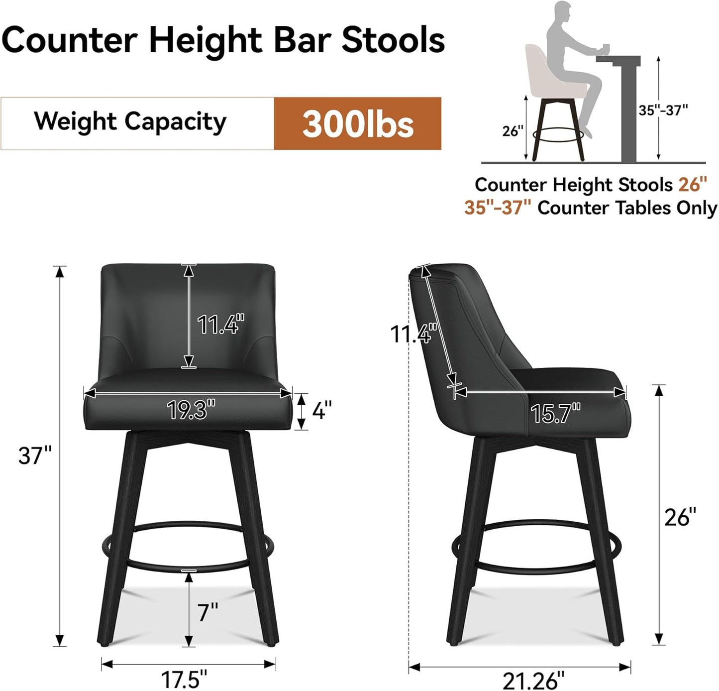 Counter Height Bar Stools Set of 3, Modern Swivel Barstools with Back and Wood Legs, Faux Leather Upholstered Bar Chairs, 26" H Kitchen Counter Stools, Kitchen Island Home Bar, Black Grey