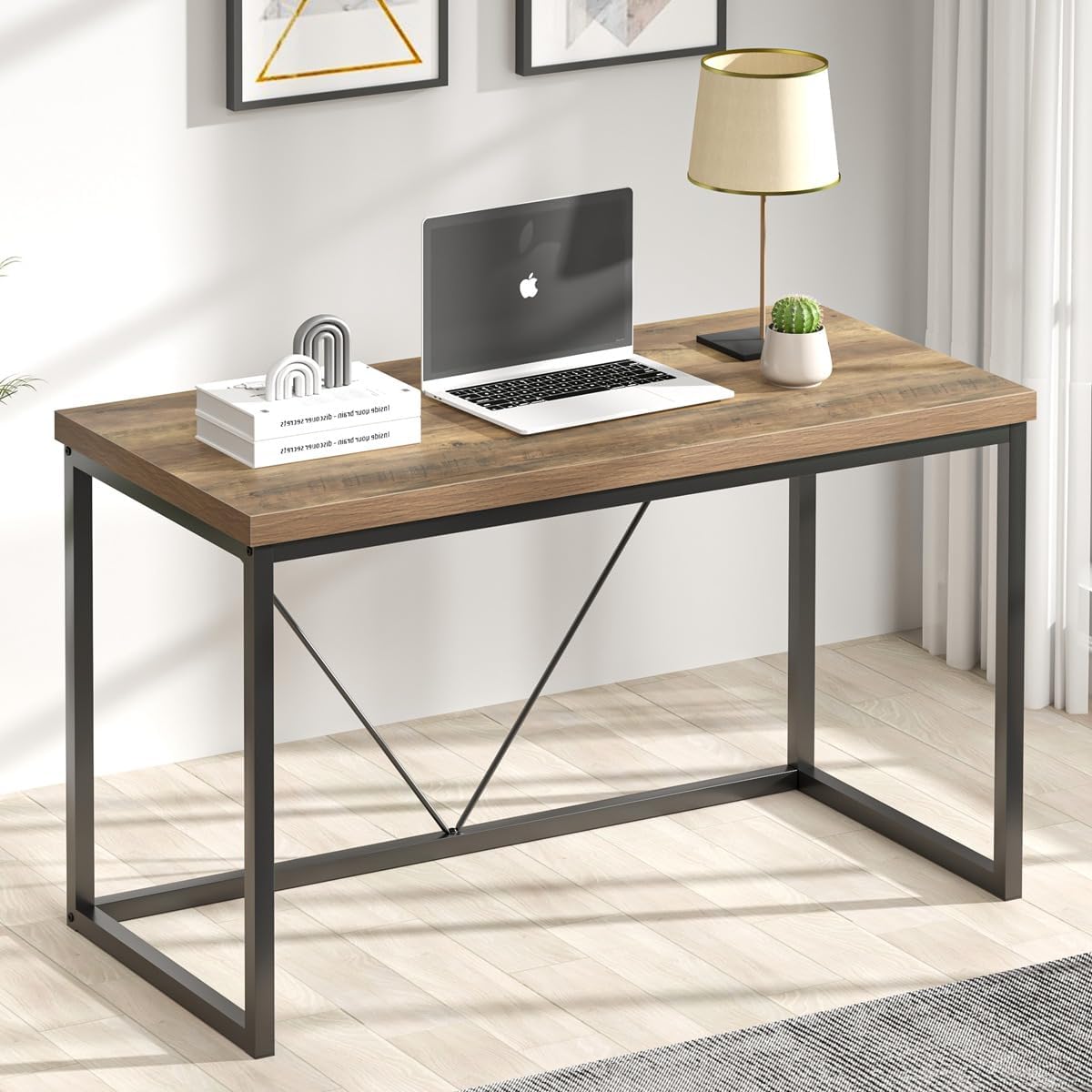 FOLUBAN Modern Home Office Desk, Rustic Wood and Metal Computer Desk, Industrial Study Writing Gaming Table Workstation, Vintage Laptop PC Desk, Oak 47 Inch