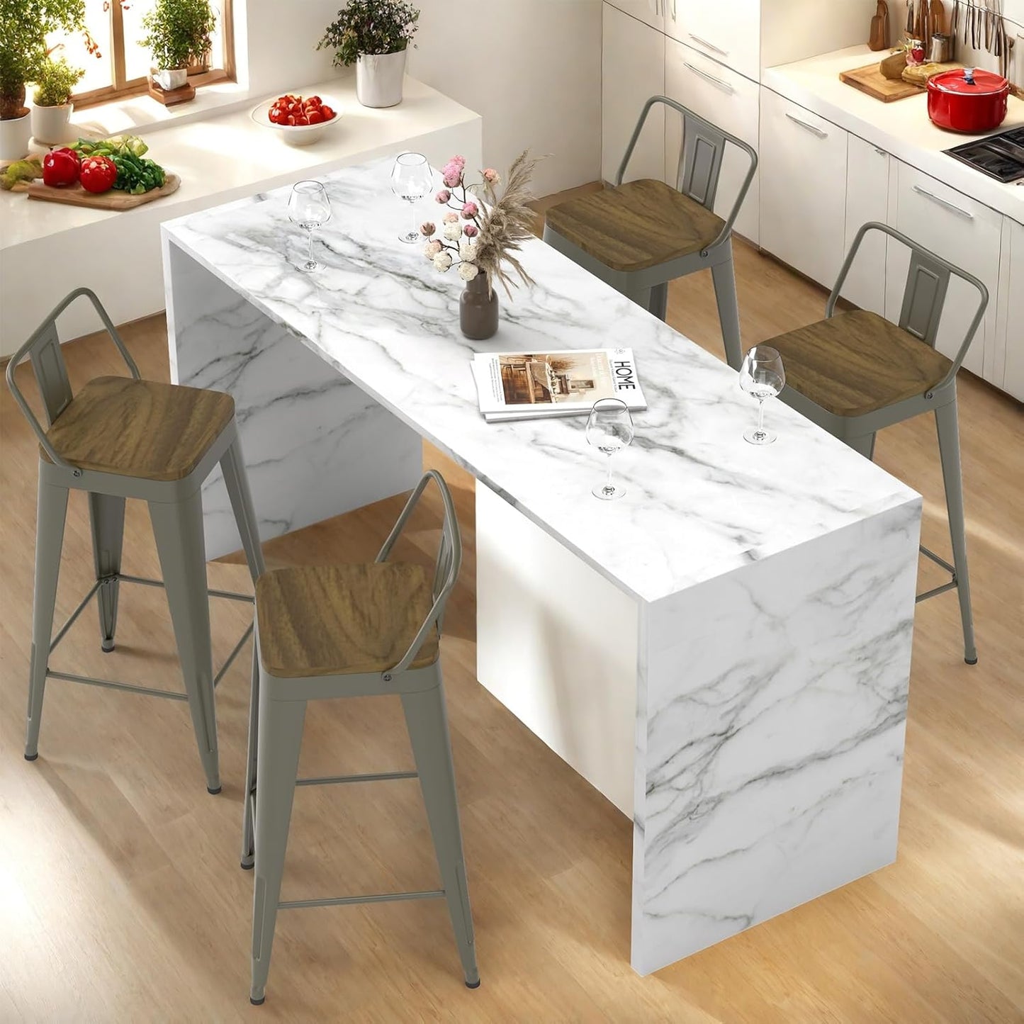 Rusty Bar Stools Set of 4, Metal Bar Stools with Wooden Seat, Modern 26”Counter Height Barstools with Low Back