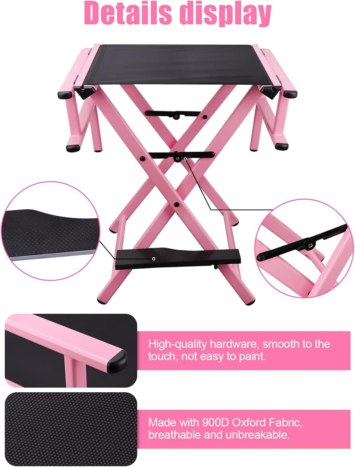 Lorvain Folable Makeup Artist Stool Chair, Protable Tall Folding Directors Chair, Aluminum Makeup Chair with Head Rest for Studio Salon Vanity, Bar Height - Pink Chair