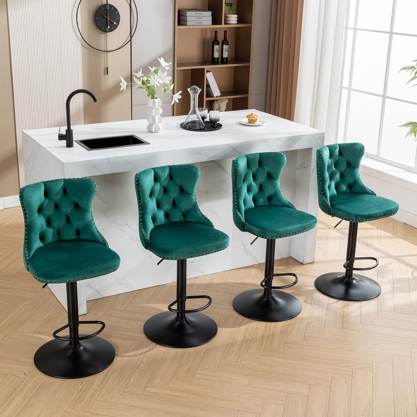 PacknWood Acosure Swivel Velvet Bar Stools Adjusatble Seat Height from 25-33" with 17.7" Base, Modern Upholstered Chairs W/Backs Comfortable Tufted,for Home Pub,Kitchen,Green,Set of 2