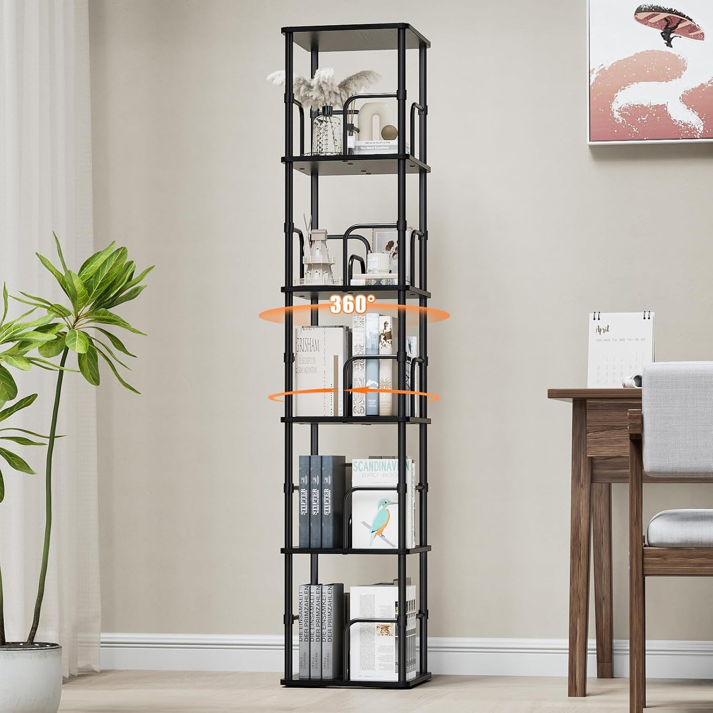 5 Tier Square Rotating Bookshelf, 360 ° Display Stackable Spinning Bookshelf Tower, Space Saving Tall Floor Standing Swivel Bookcase Corner Storage Organizer for Living Room, Black, Small Size