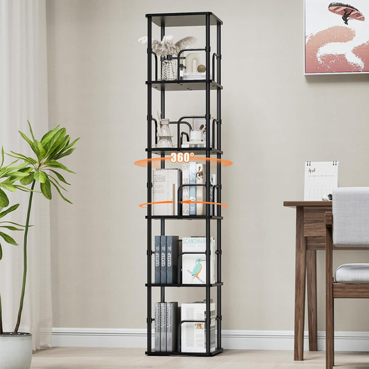 5 Tier Square Rotating Bookshelf, 360 ° Display Stackable Spinning Bookshelf Tower, Space Saving Tall Floor Standing Swivel Bookcase Corner Storage Organizer for Living Room, Black, Small Size