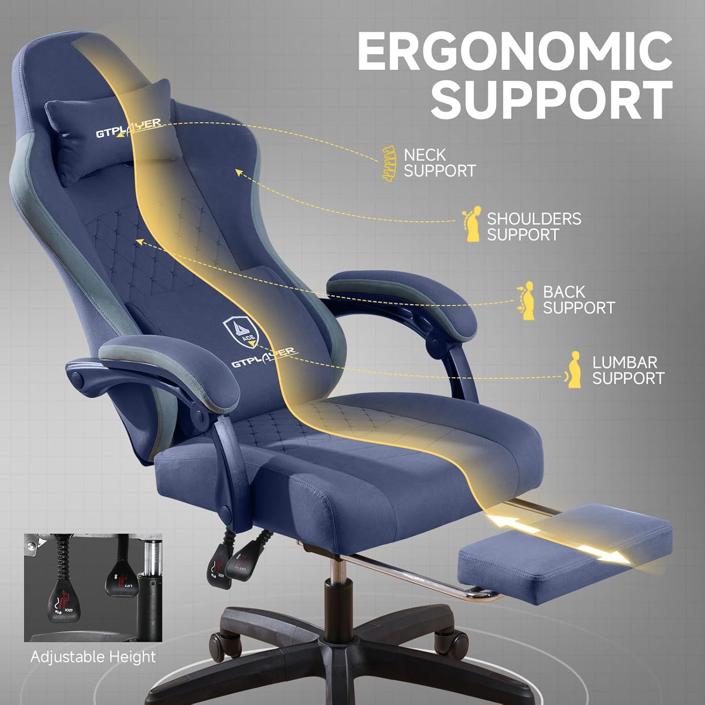 GTPLAYER Office Chair, Gaming Computer Desk Fabric Chair with Footrest, High Back Ergonomic Office Chair with Pocket Spring Lumbar Support and Linkage Armrests Adjustable Height Swivel for Home Task
