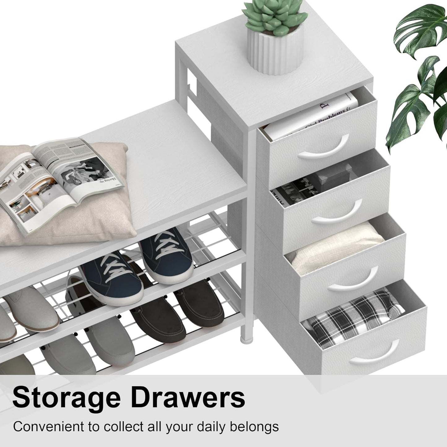 EXOTICA 3-Tier Shoe Storage Bench White Entryway Shoe Rack with 4 Drawers and Seating Shoe Shelf Storage Cabinet for Hallway Front Door Doorway Living Room Mudroom Steel Frame