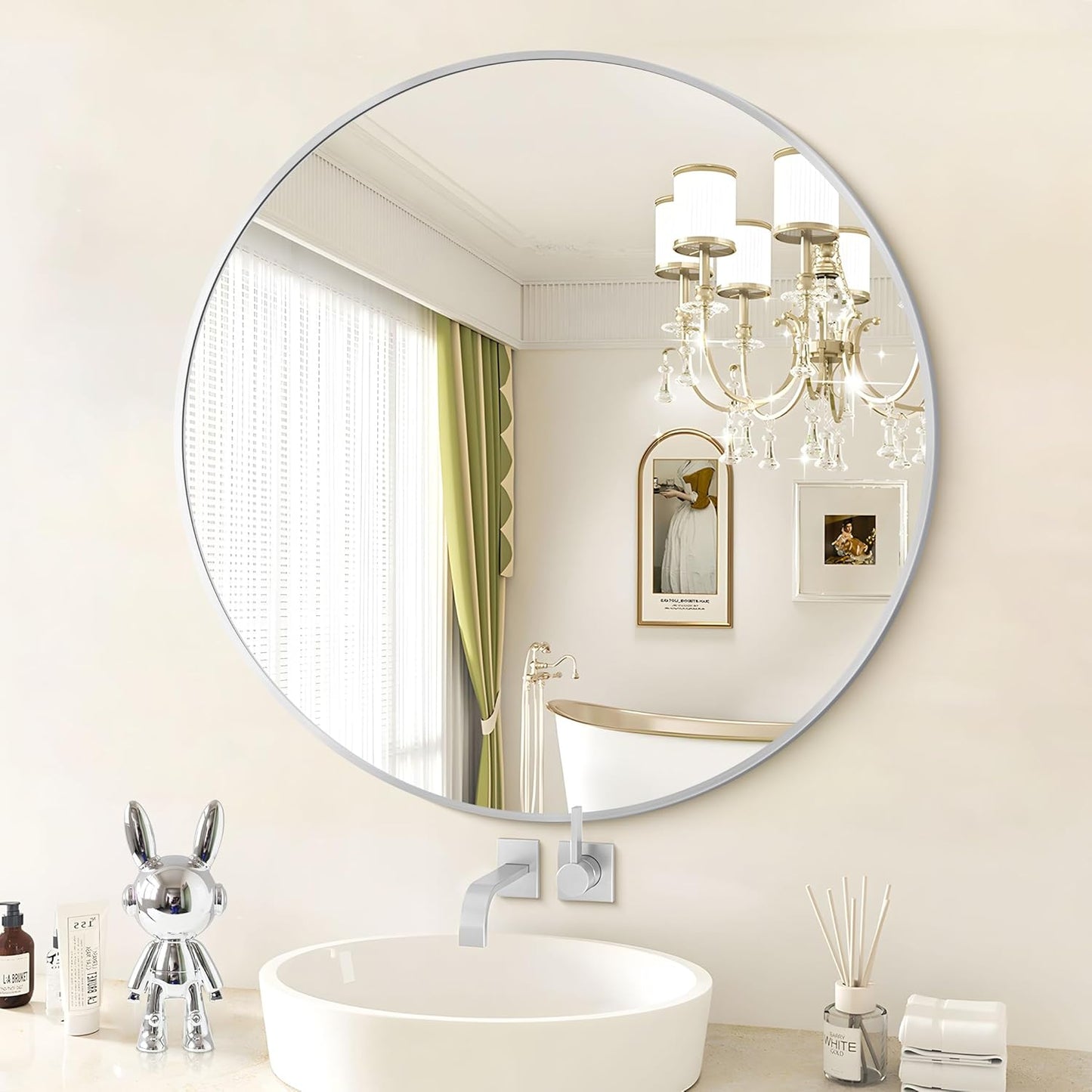 Silver Round Mirror, 39 Inch Wall Mounted Round Mirror, Aluminum Alloy Metal Frame Wall Mirror, Round Bathroom Mirror, Round Mirror for Bathroom, Entryway, Living Room, Large Mirror for Over Sink