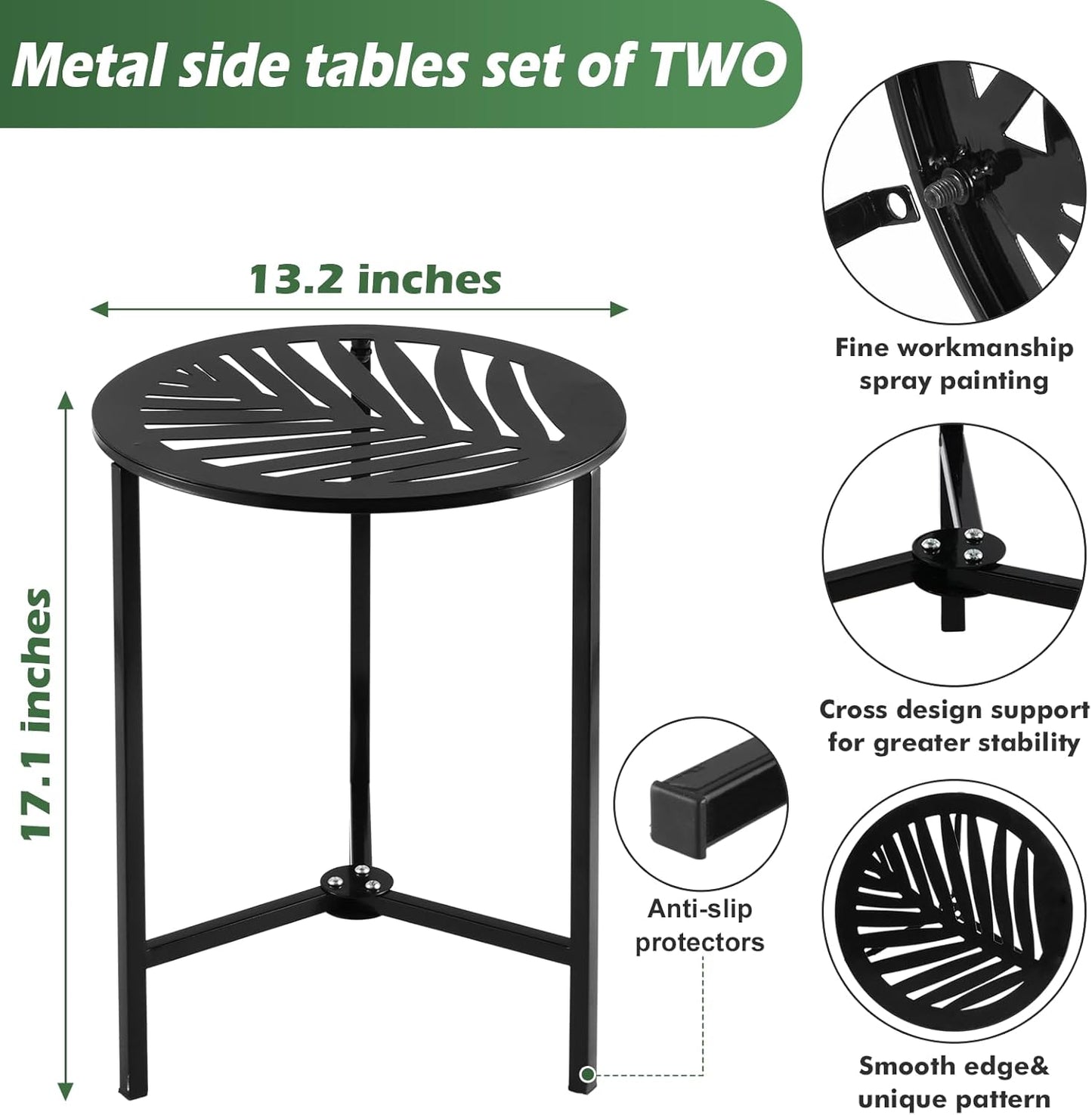2 Packs 13" Metal Outdoor Side Tables Small Black Outside End Table for Patio Round Accent Corner Stand for Small Spaces Weather-resistant Coffee Table for Balcony Porch Plant Stand,Tropical Leaf