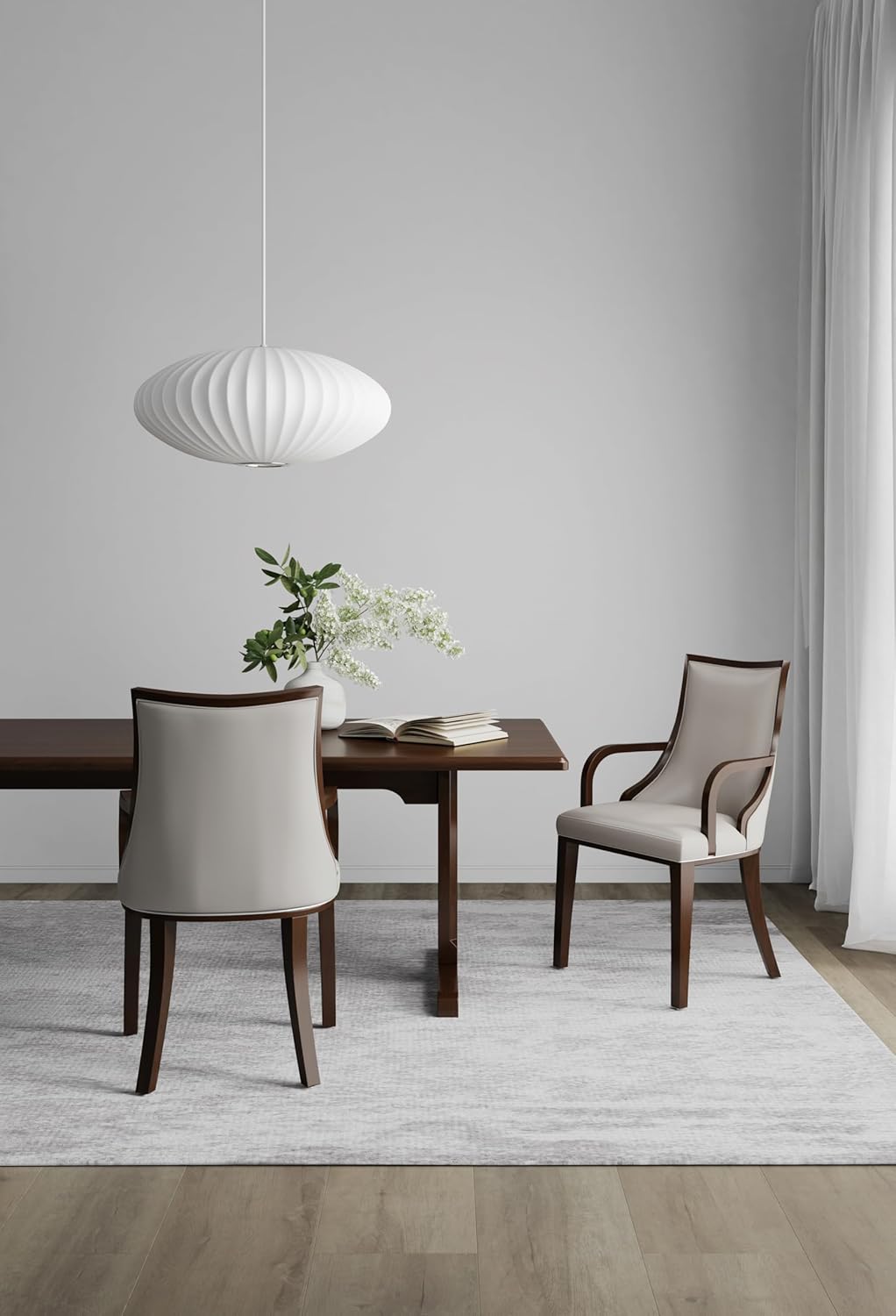 Manhattan Comfort Grand Faux Leather Dining Chairs with Arms, Padded Wingback Seat, Fine Rectangular Stitching and Solid Wood Frame, Set of 2, Light Grey