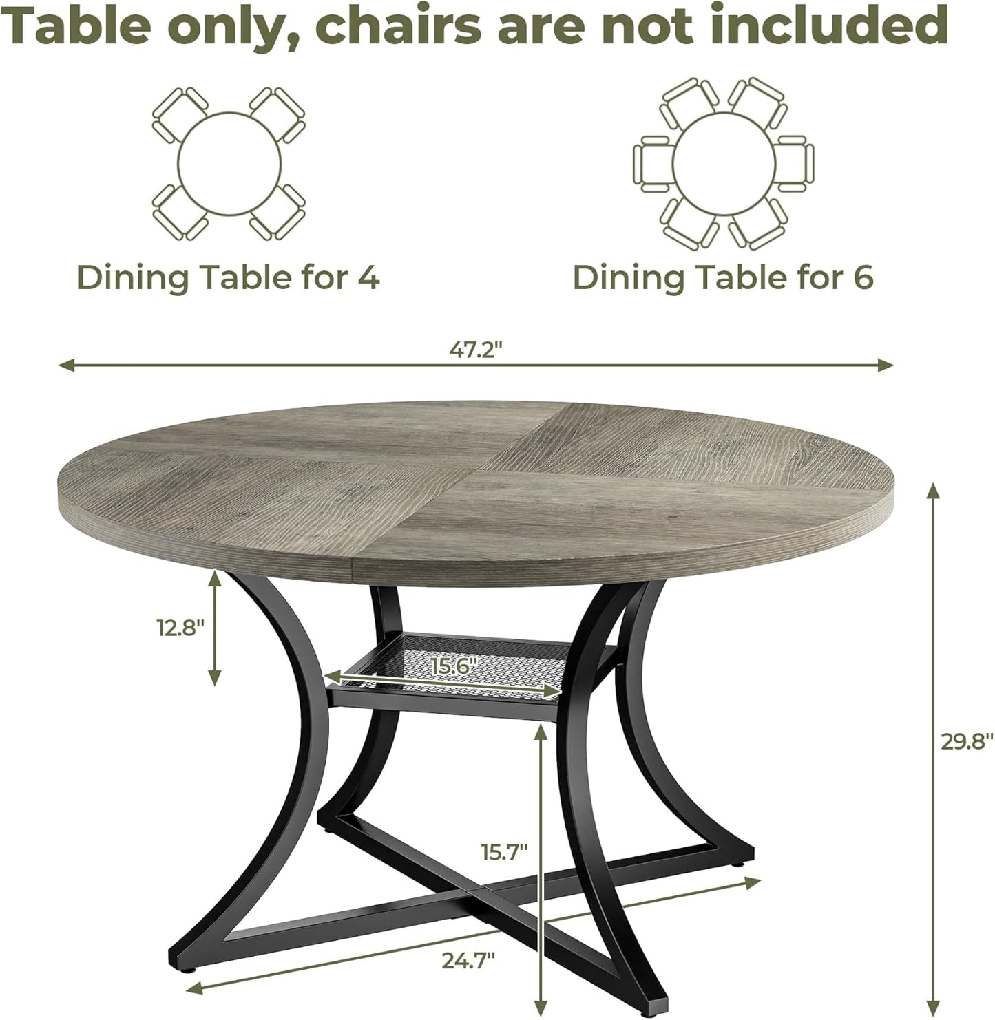 IRONCK 47.2" Round Dining Table for 4, Wood Kitchen Table with Storage Shelf for Dining Room, Dinner Table with Wooden Tabletop and Metal Base, Gray