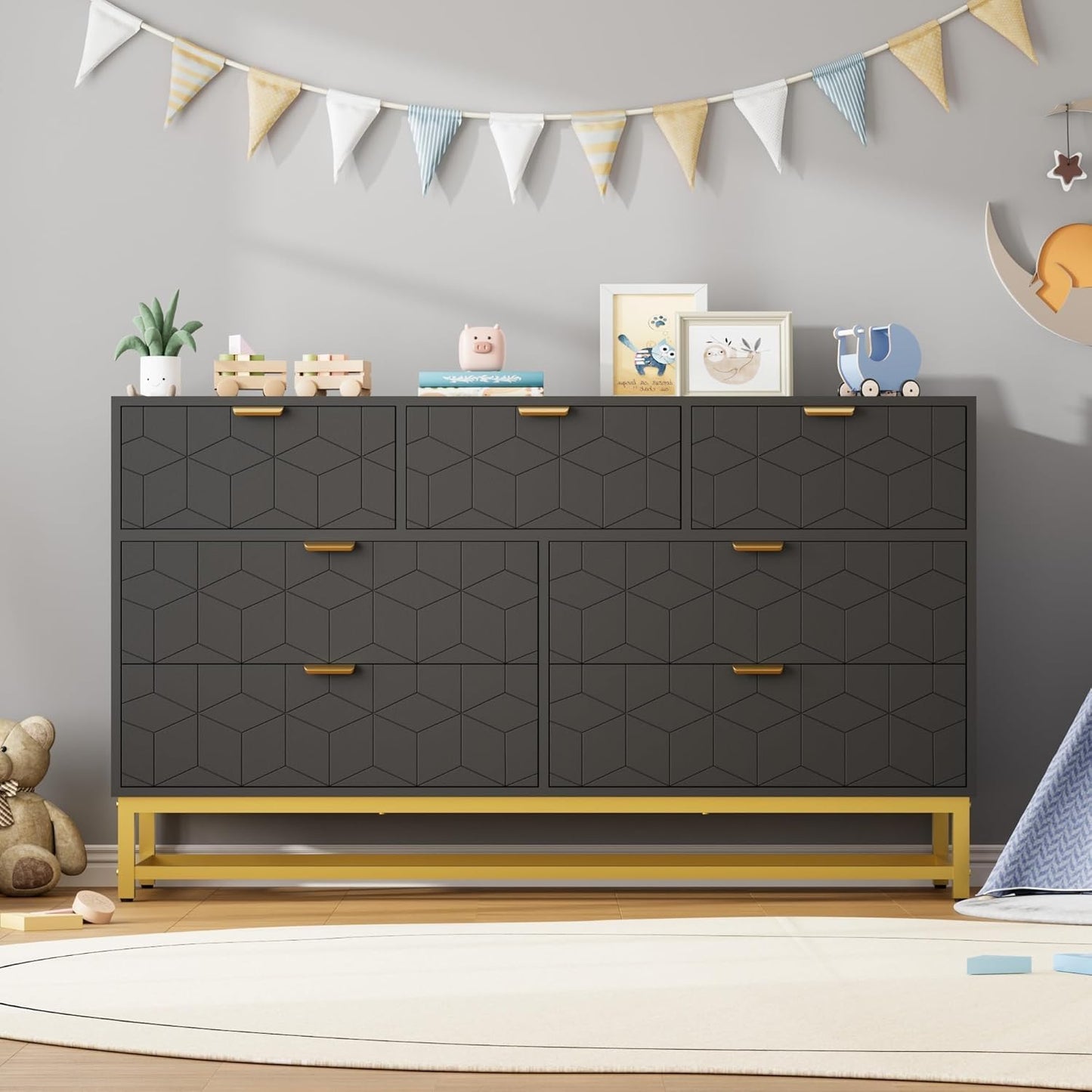 GAOMON Dresser for Bedroom, 53.5" Wide Dresser Organizer, 7 Drawer with Golden Metal Handle and Legs, Modern Chest of Drawers for Closet, Hallway, Living Room, Entryway, Black