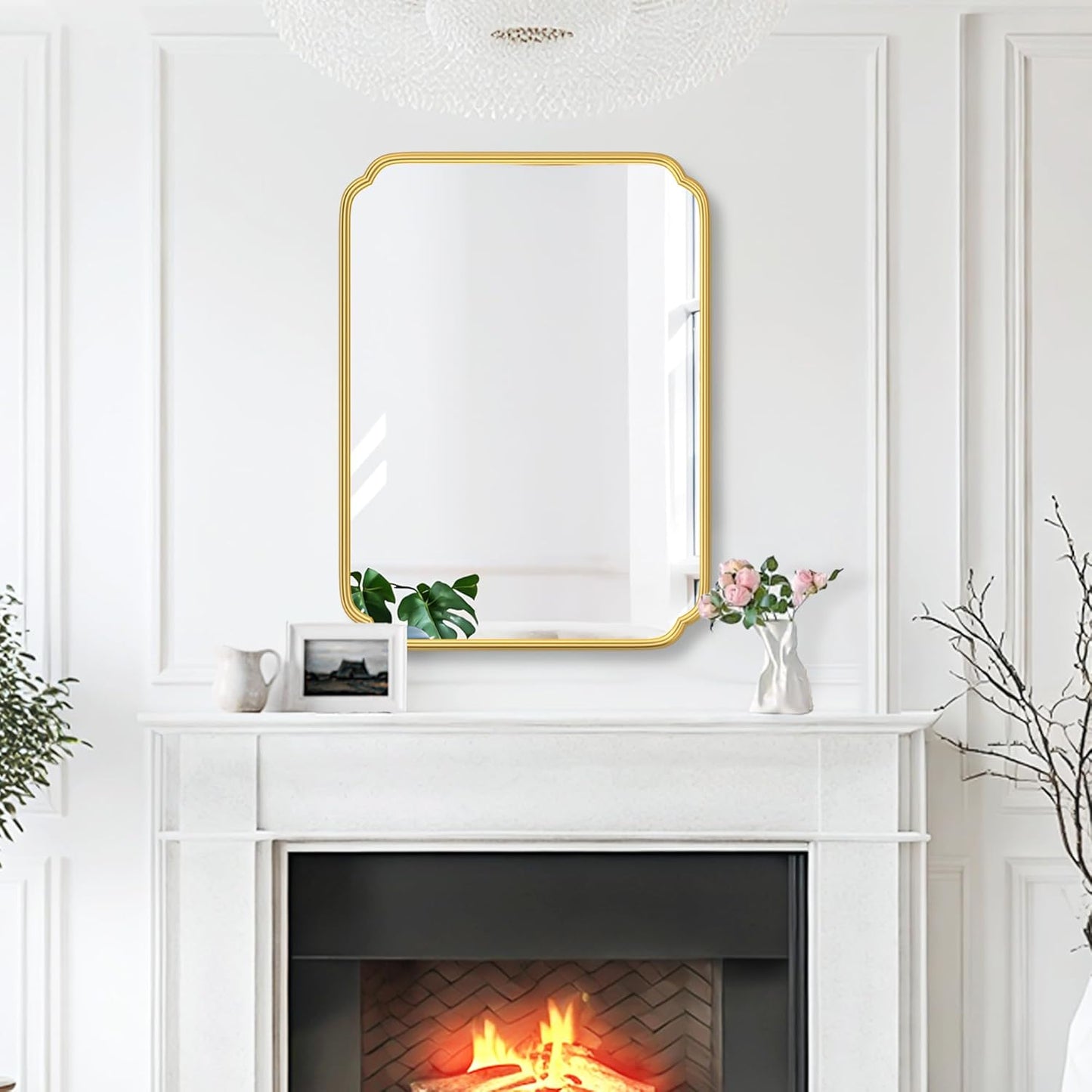 28"x36" Gold Bathroom Mirror with Rustproof Metal Frame, Modern Rounded Corner Wall Mirror for Vanity Over Sink, Horizontal/Vertical Hanging