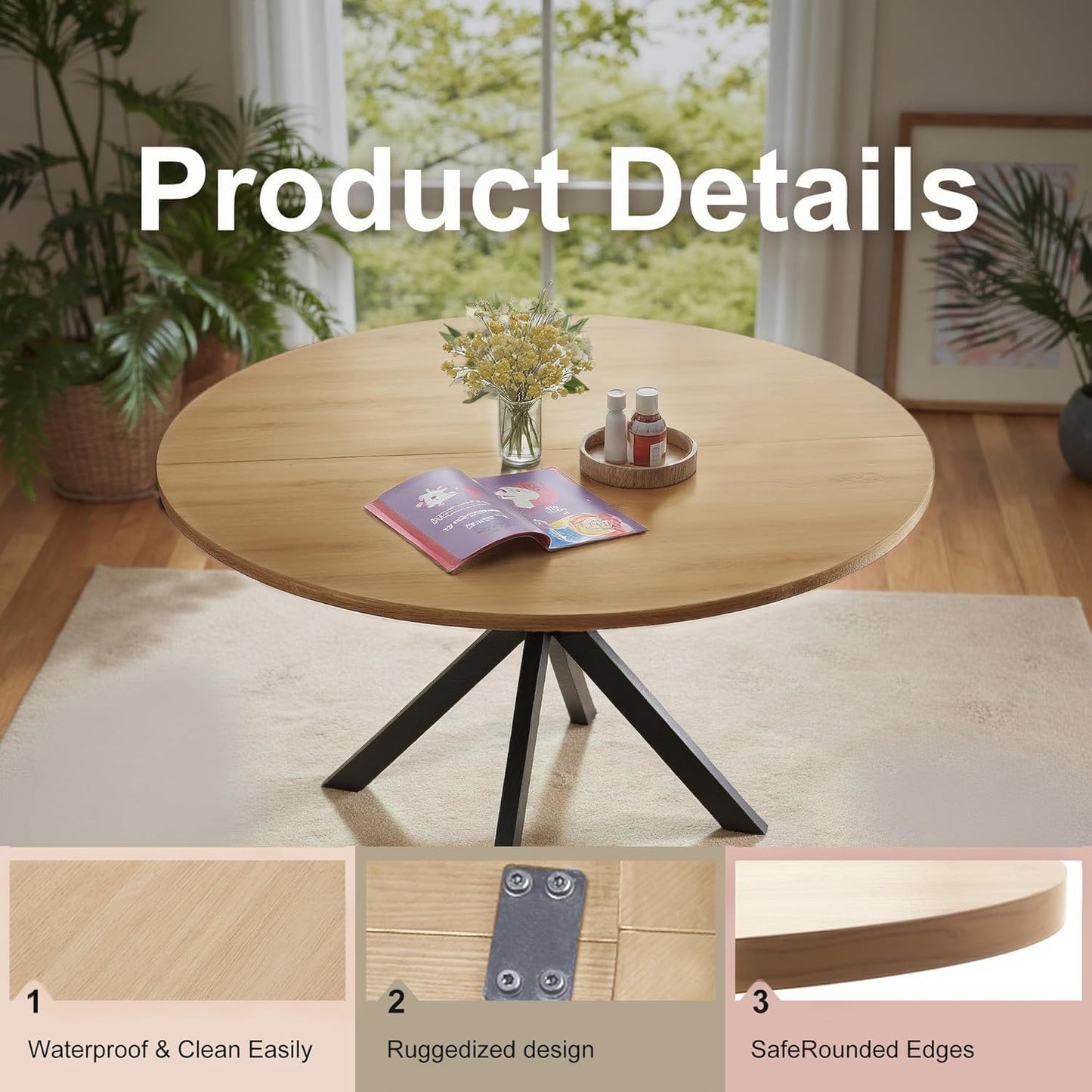 47 Inch Round Dining Table for 4, Modern Round Dinner Table Small Mid Century Dining Room Tables, Leisure Kitchen Tables for Small Space, Kitchen, Living Room, Steel Legs, Black & Natural